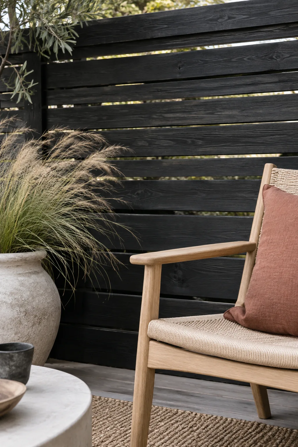 Black painted horizontal fence with varying widths of lumber