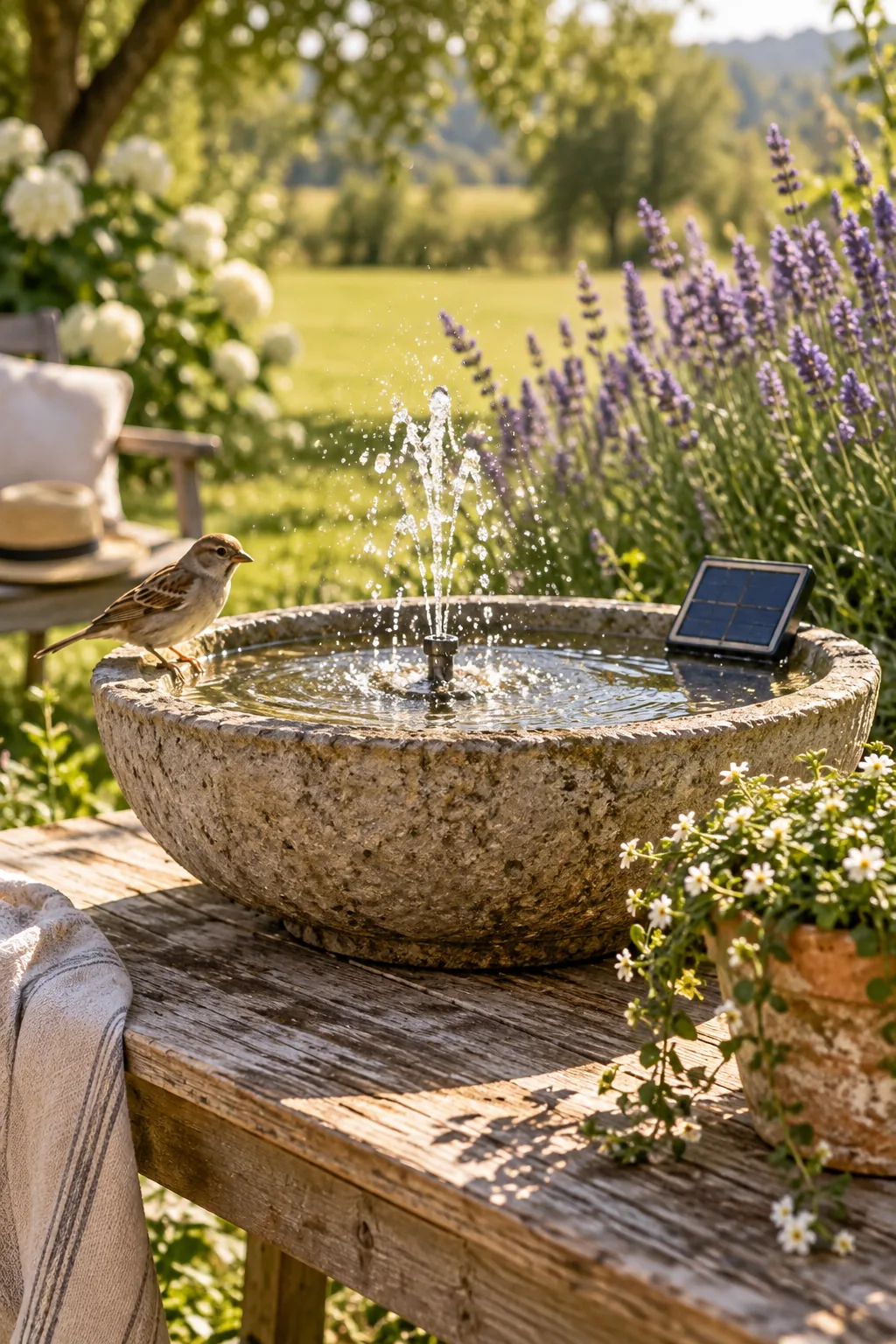 Solar birdbath fountain in a heavy concrete bowl surrounded by garden plants.