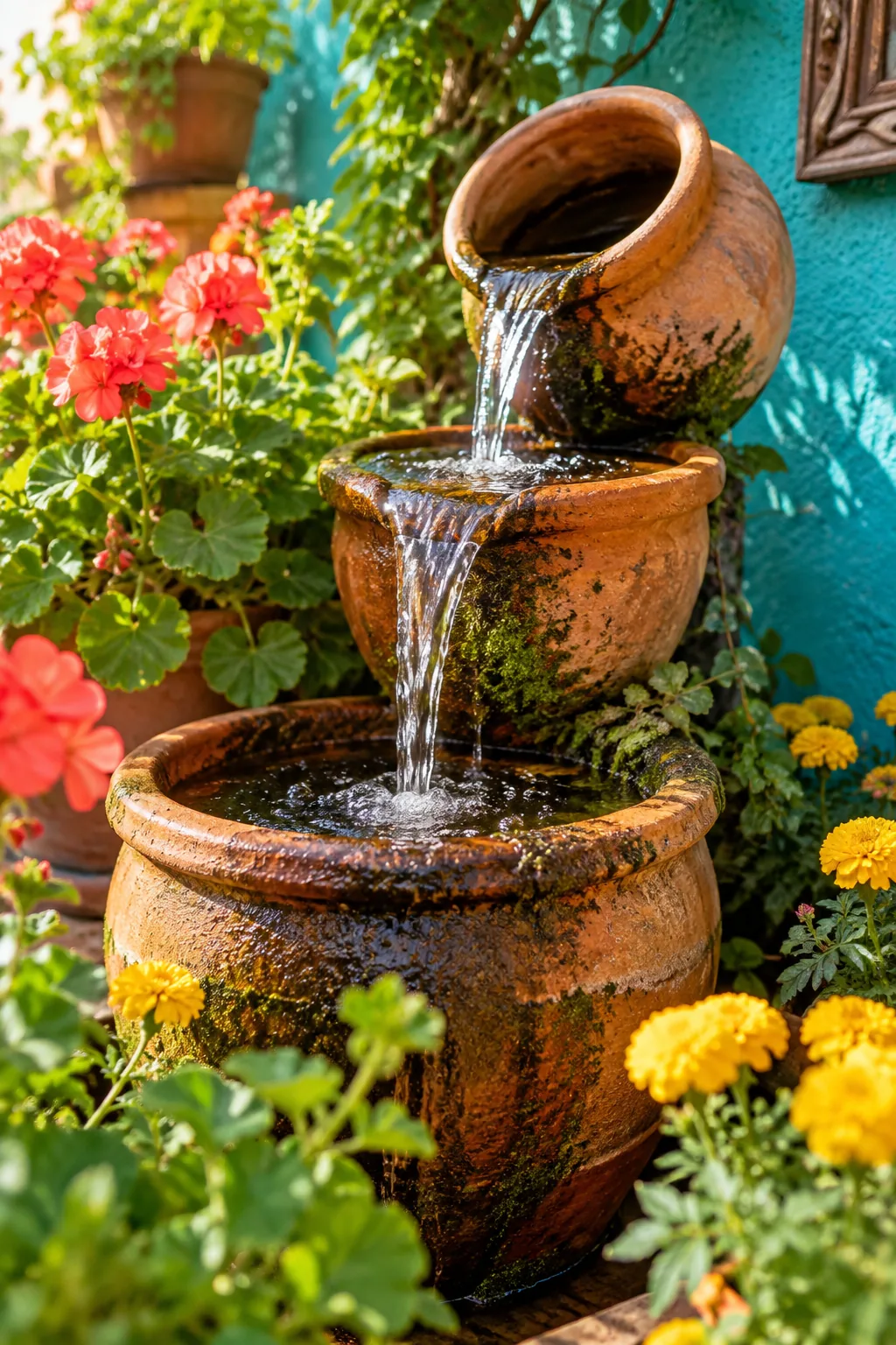 Tiered terracotta pots creating a cascading water fountain on a patio.