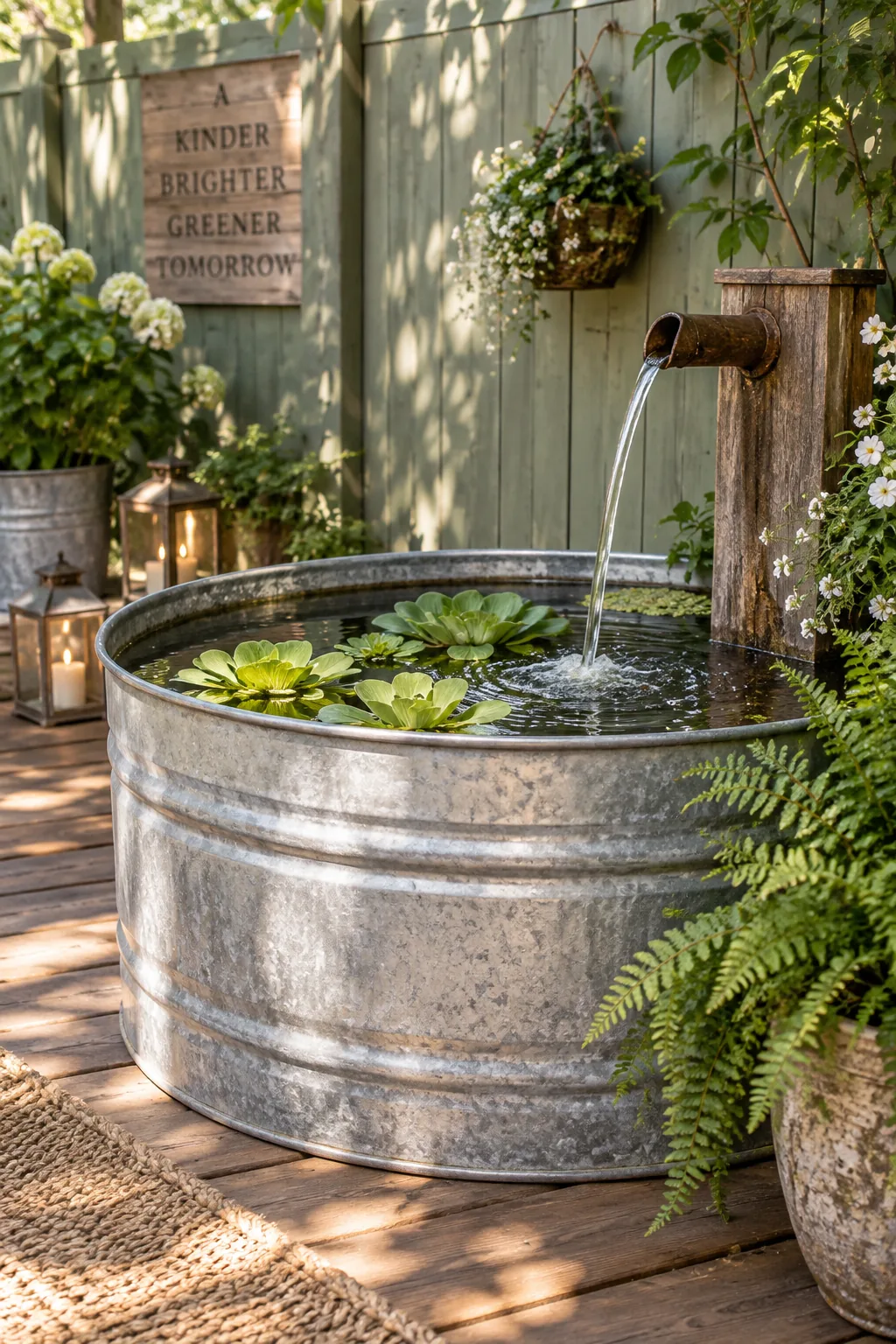 Galvanized metal tub filled with water and floating lettuce plants.