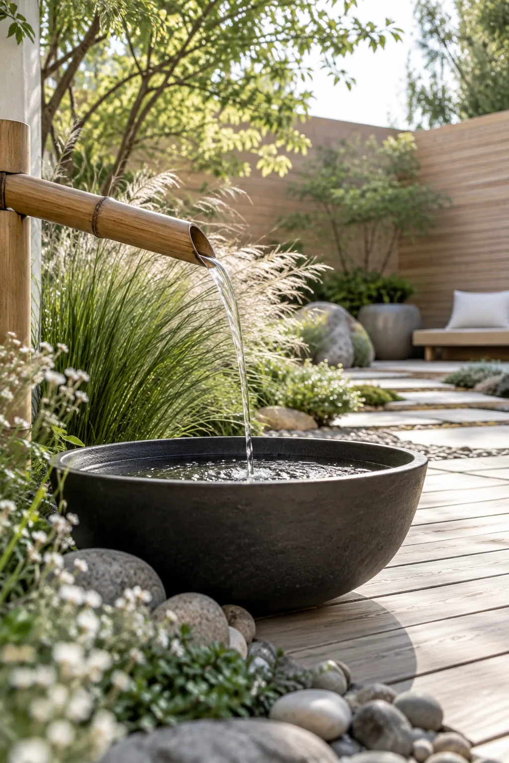 Bamboo water spout pouring into a dark ceramic bowl.