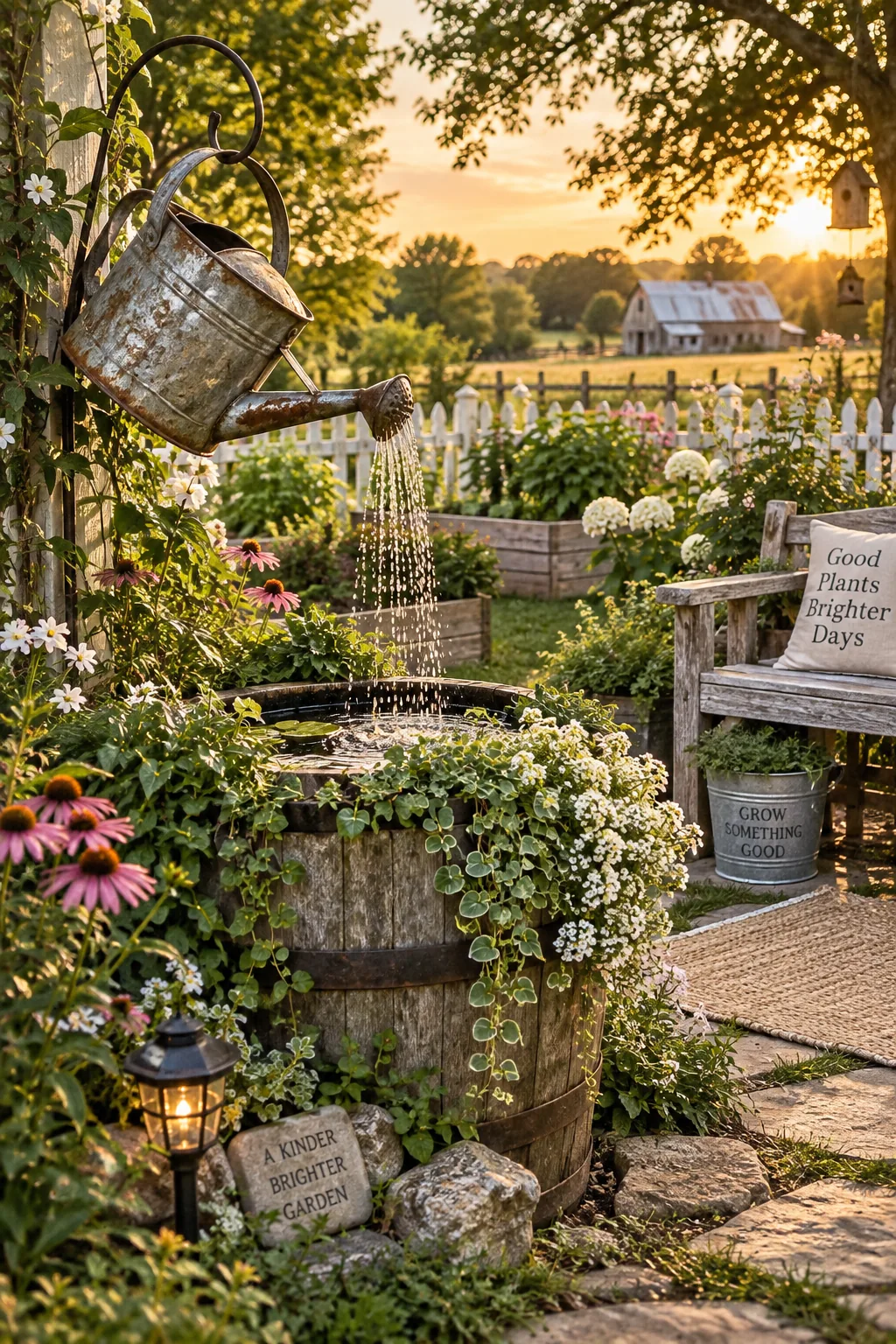 Vintage metal watering can pouring water into a wooden half-barrel planter.
