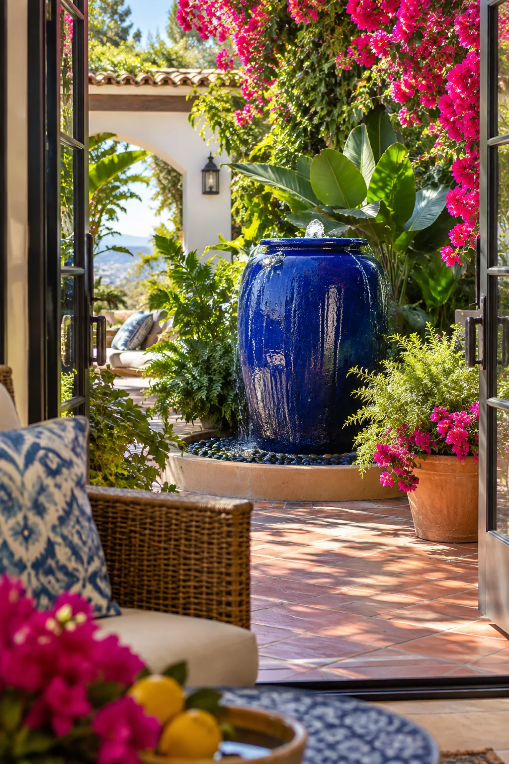 Tall glazed cobalt blue urn with water bubbling from the top.