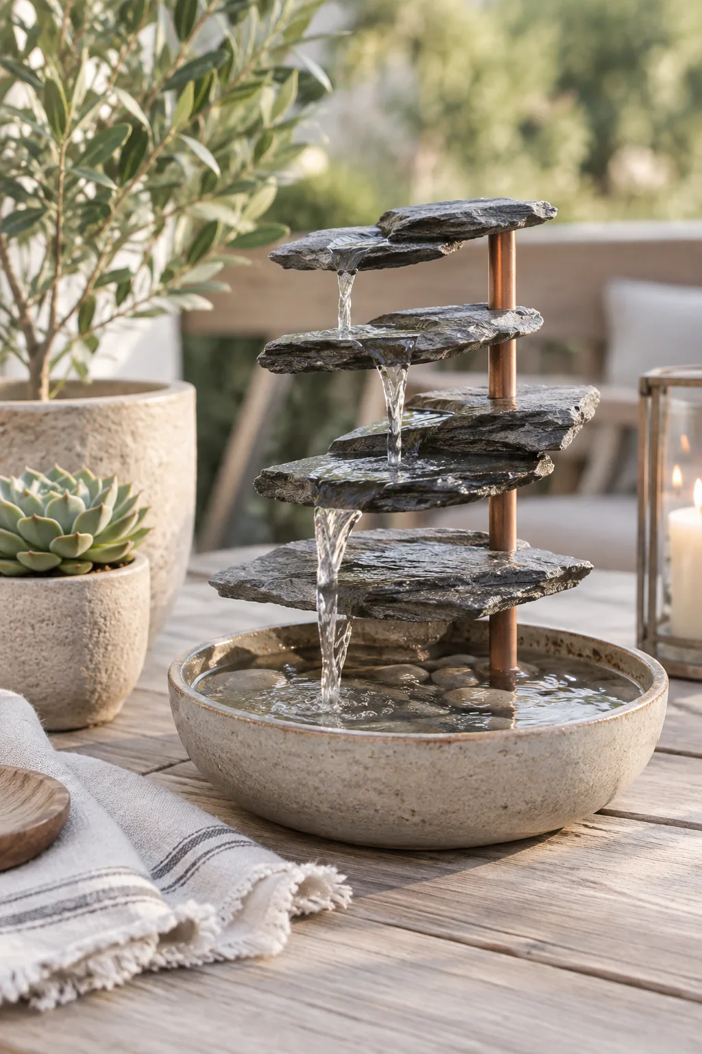 Stacked flat slate stones creating a natural waterfall effect.