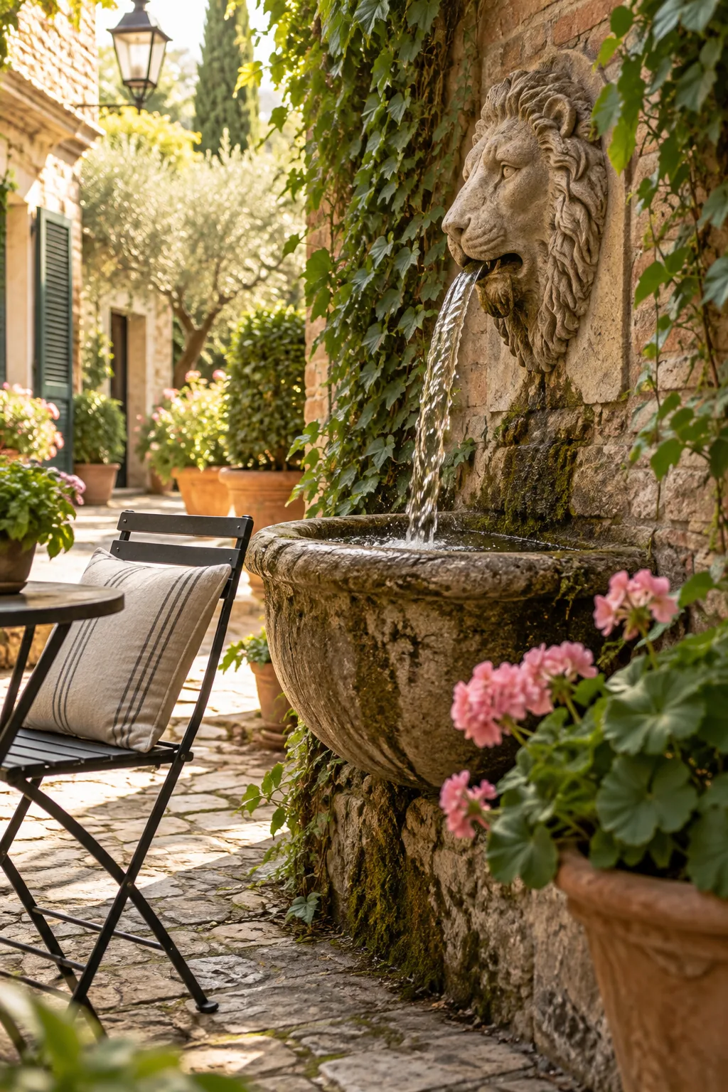 Cast stone lion head fountain mounted on a brick courtyard wall.