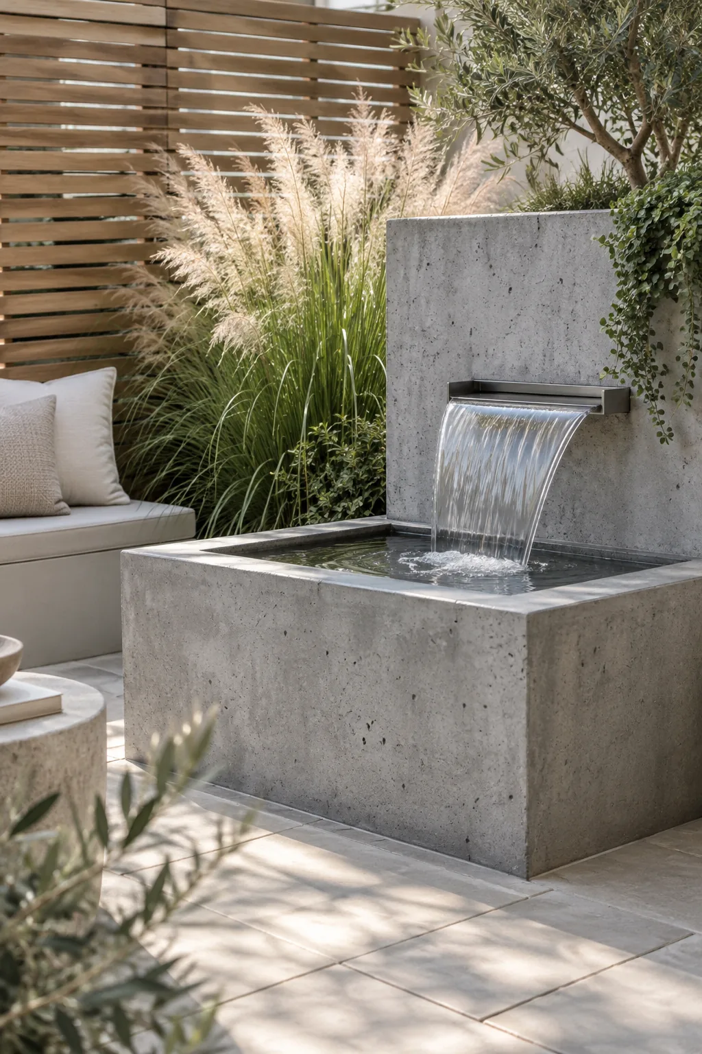 Square concrete basin with a stainless steel spillway.
