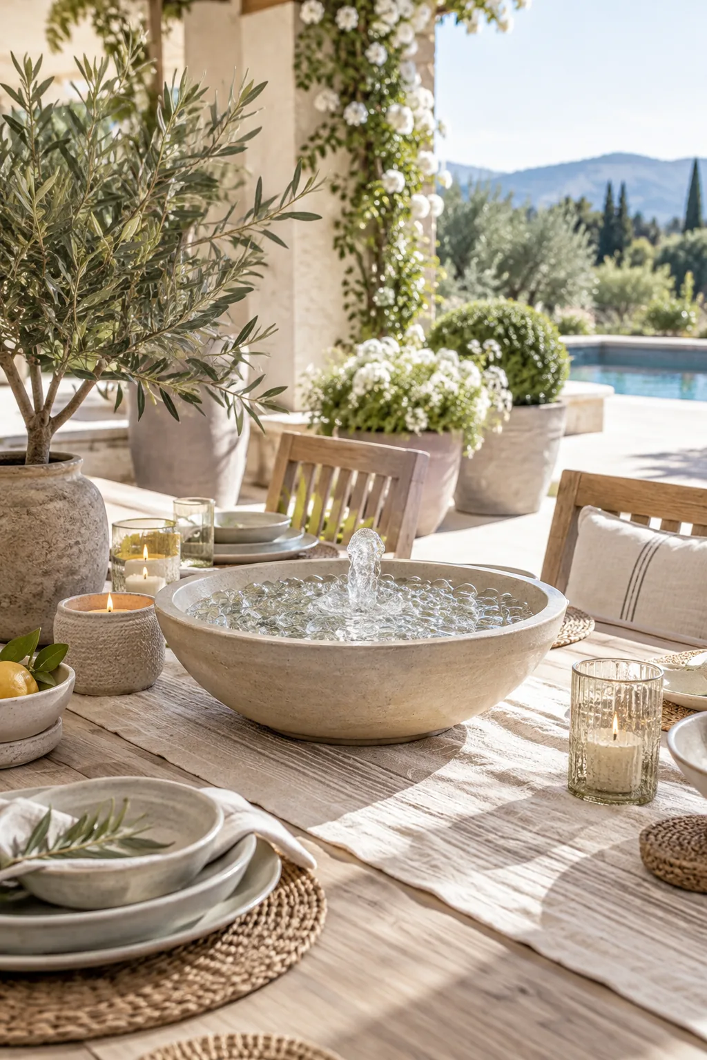 Shallow ceramic bowl on an outdoor table filled with glass gems and water.