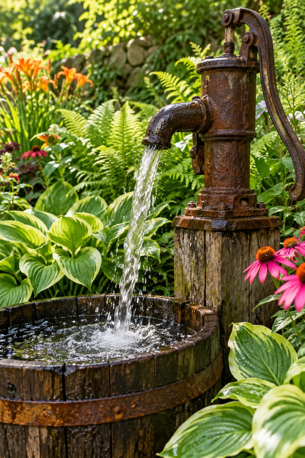 Antique cast-iron hand pump pouring water into a wooden bucket among ferns.