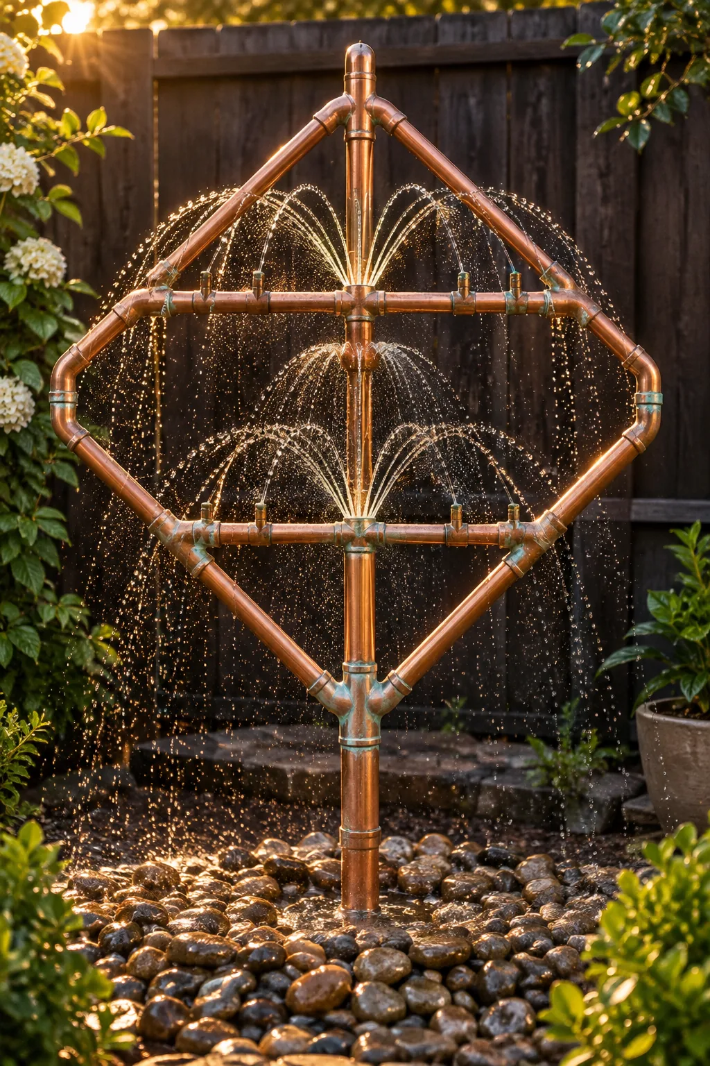 Custom geometric water feature made from soldered copper pipes.