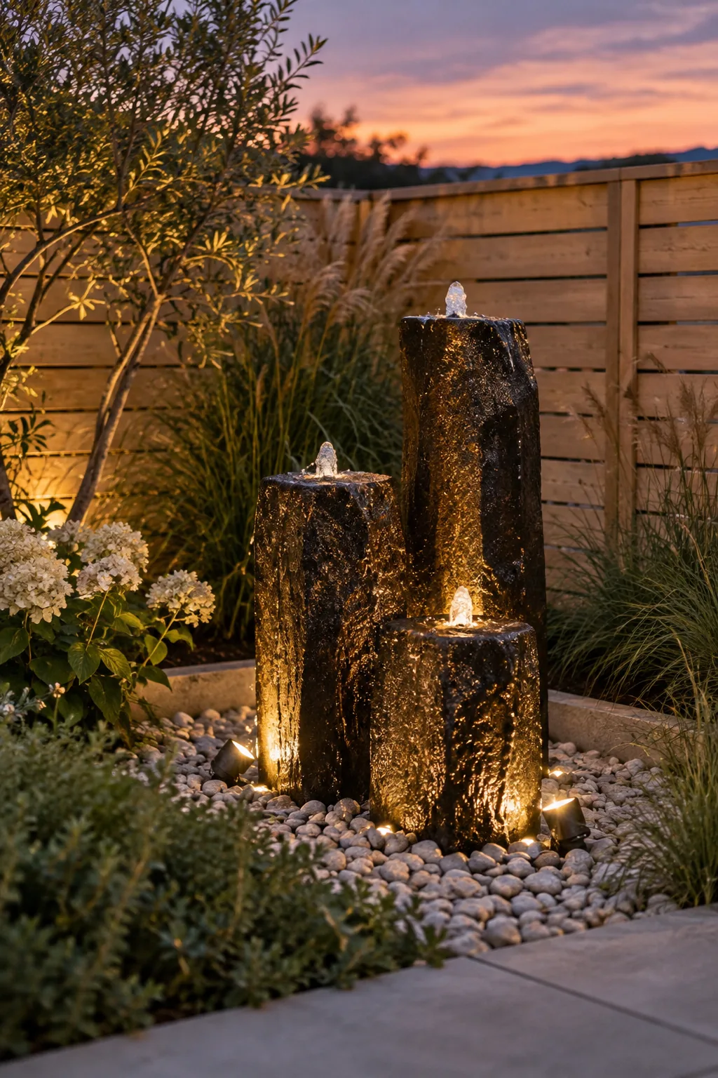 Three basalt columns of different heights with water bubbling from the tops, lit by LEDs.