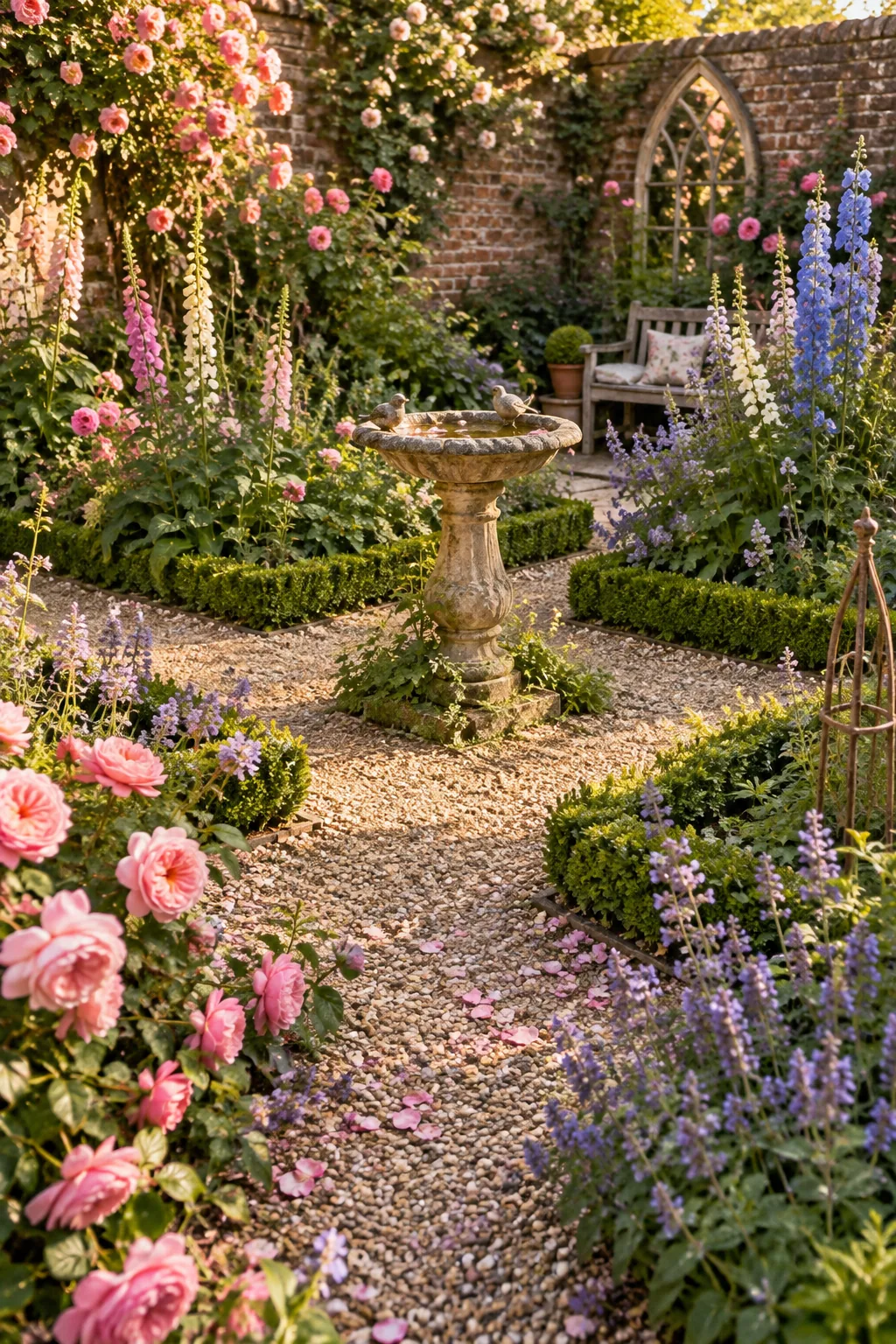 Four square garden beds separated by gravel paths with a central birdbath