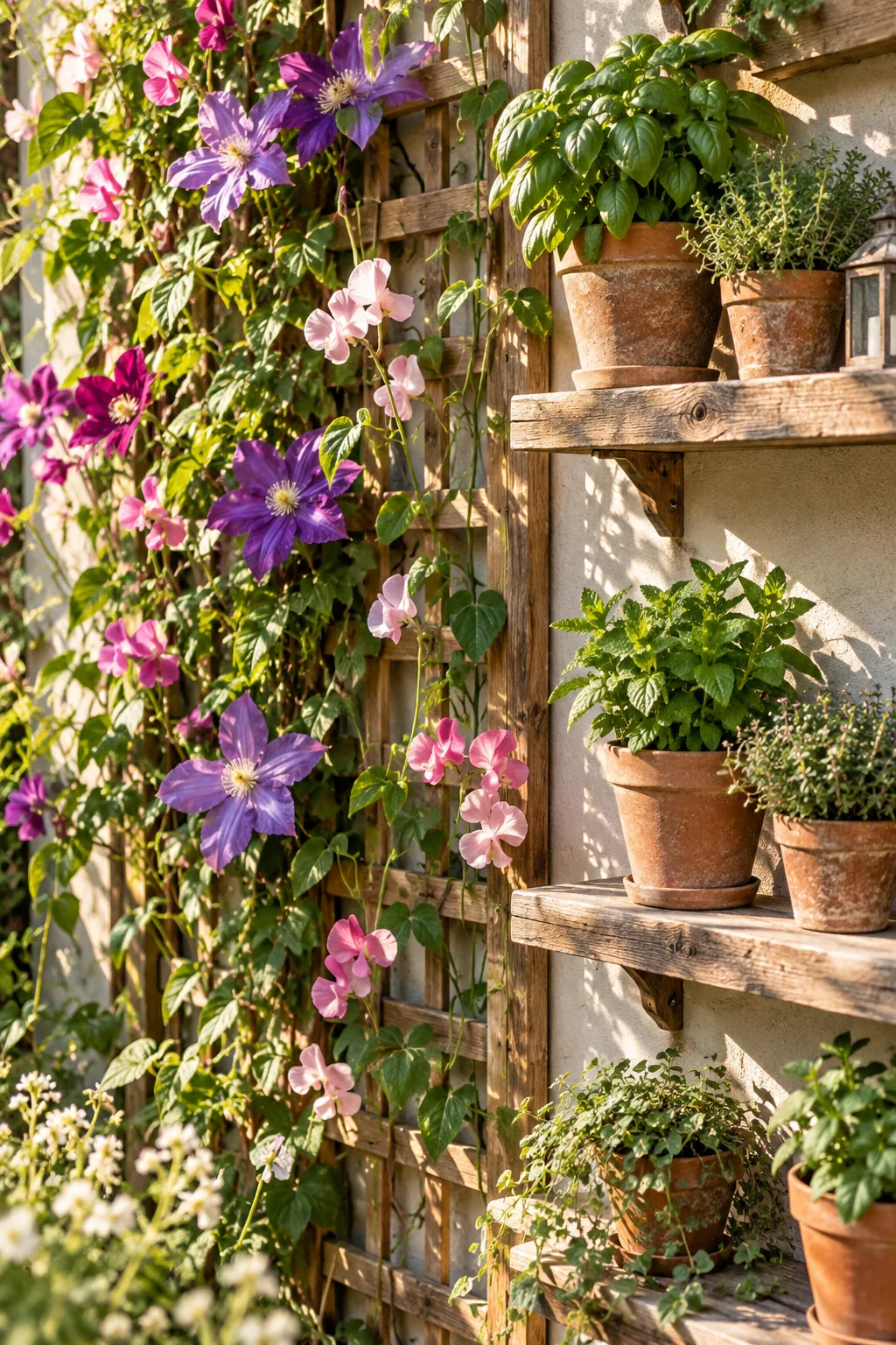 Wooden trellis mounted on a fence covered in climbing vines and small potted herbs
