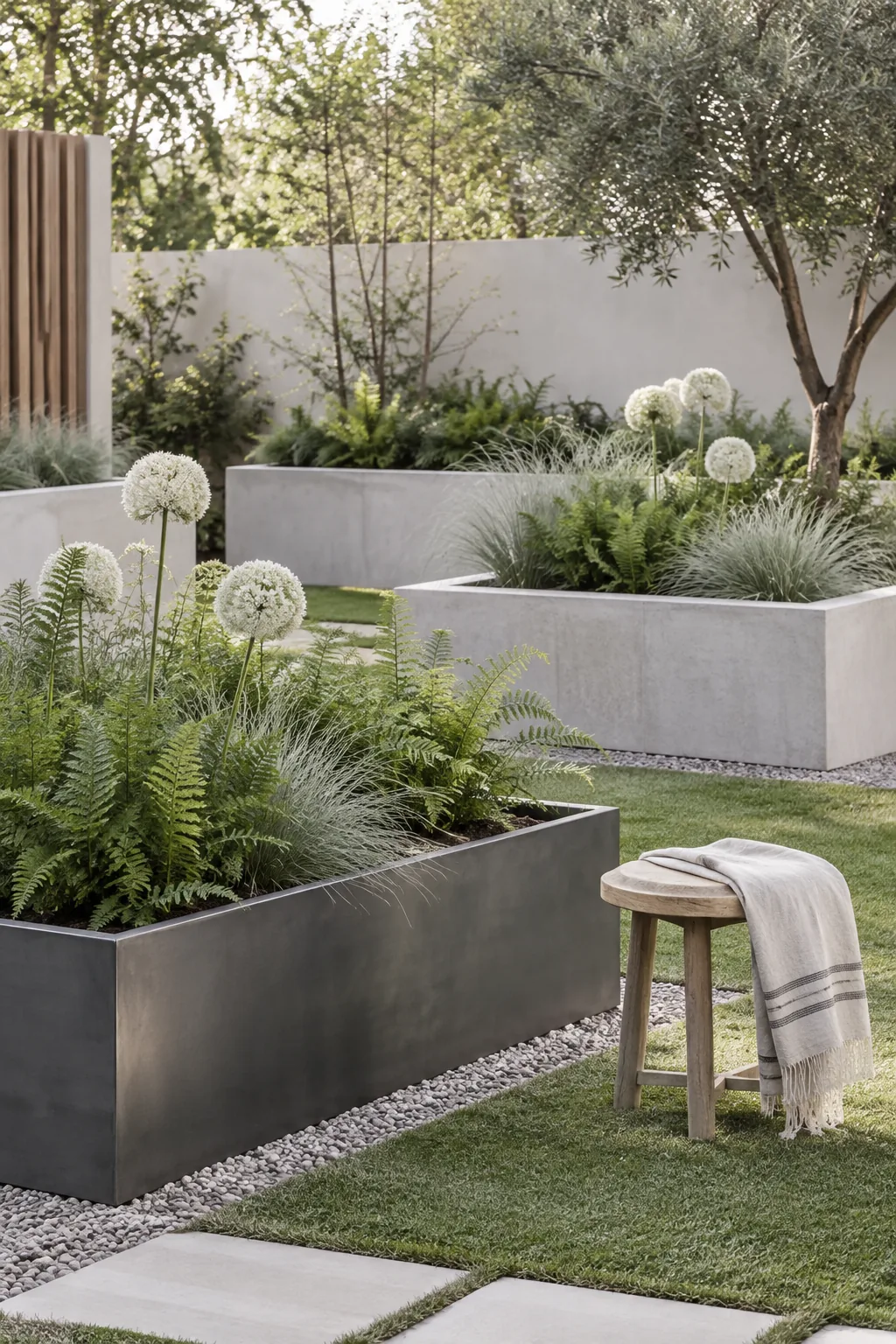 Sleek steel raised beds arranged in a neat grid on a flat green lawn