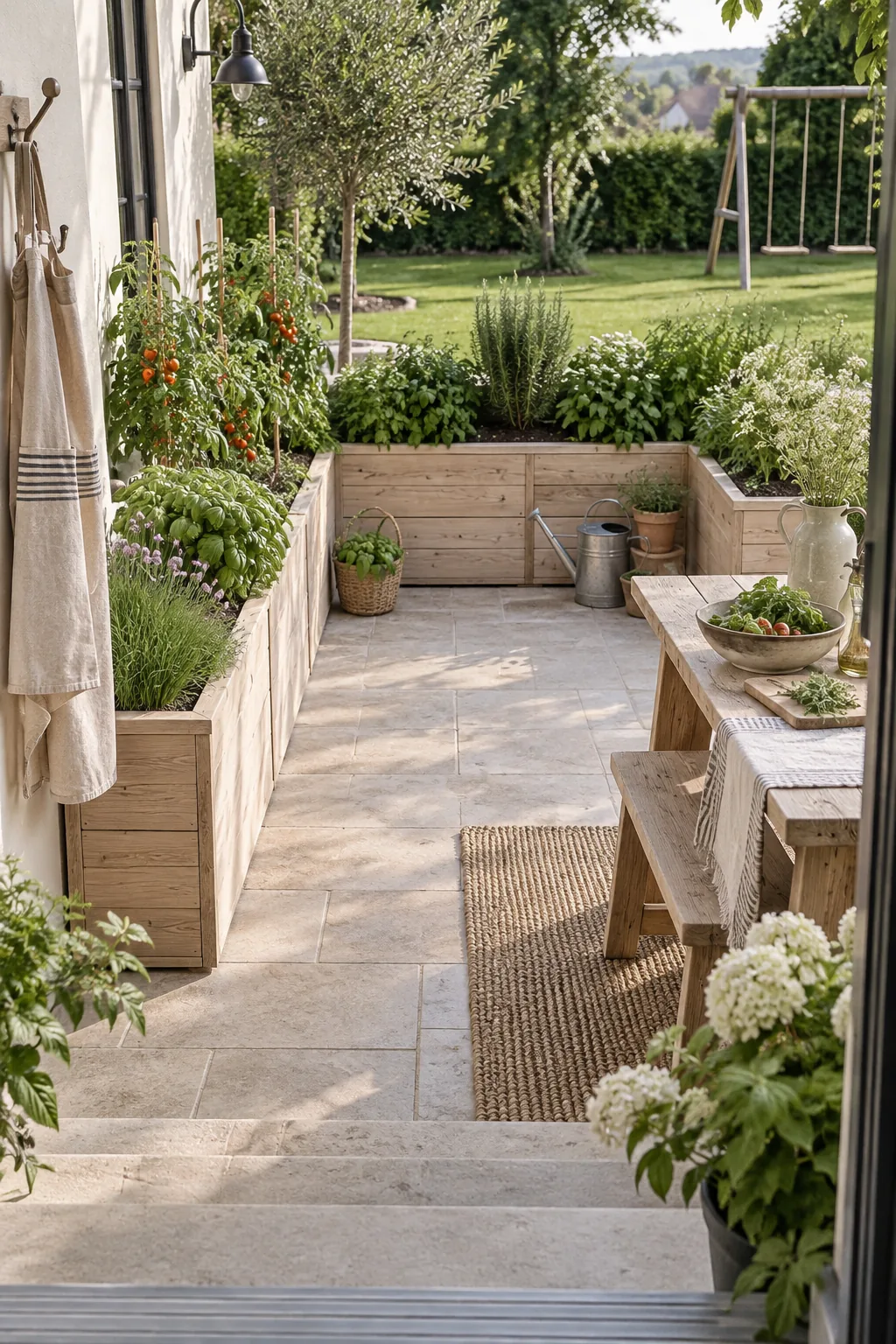 U-shaped arrangement of waist-high planters filled with herbs near a back door