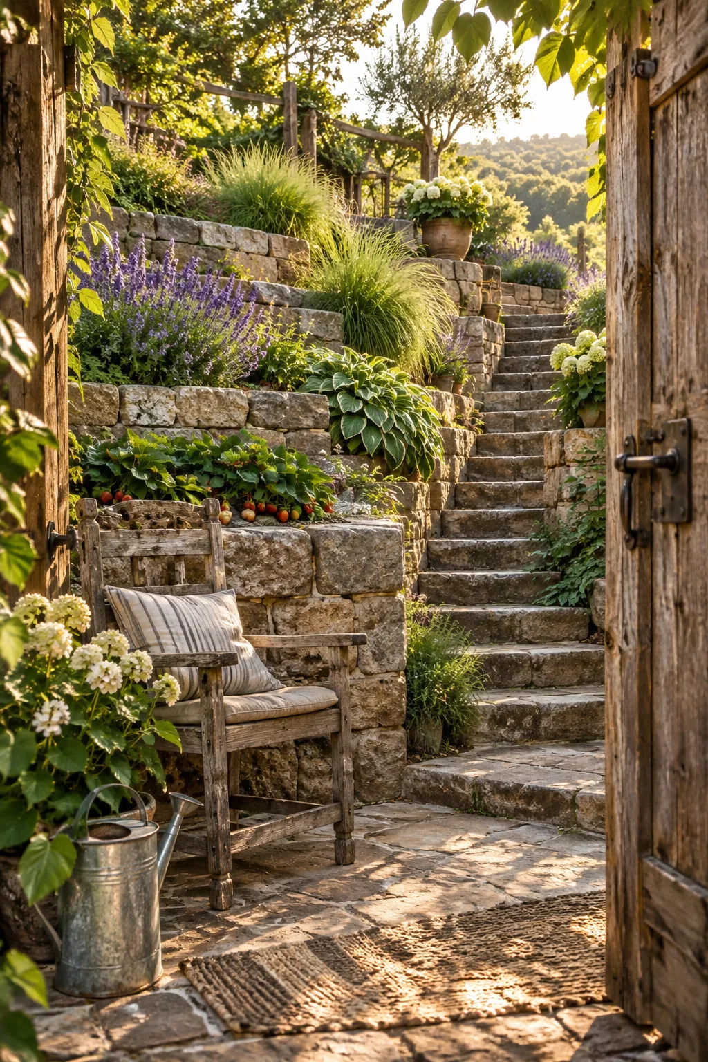 Stair-step terraced garden beds built into a sloping backyard hill with retaining blocks