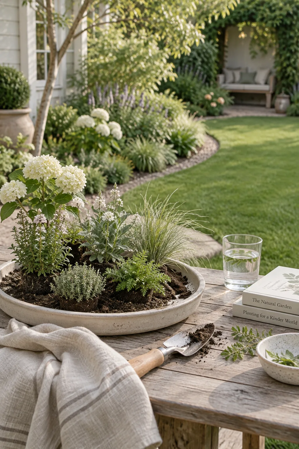 Deep curved flower beds extending from the fence line into a green lawn