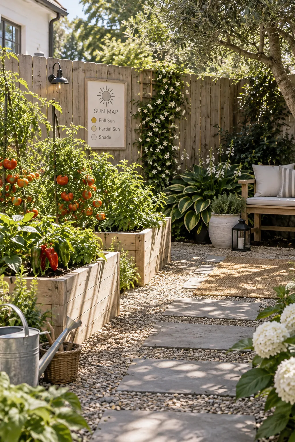Vegetable garden layout showing sunny spots for tomatoes and shady spots for leafy greens