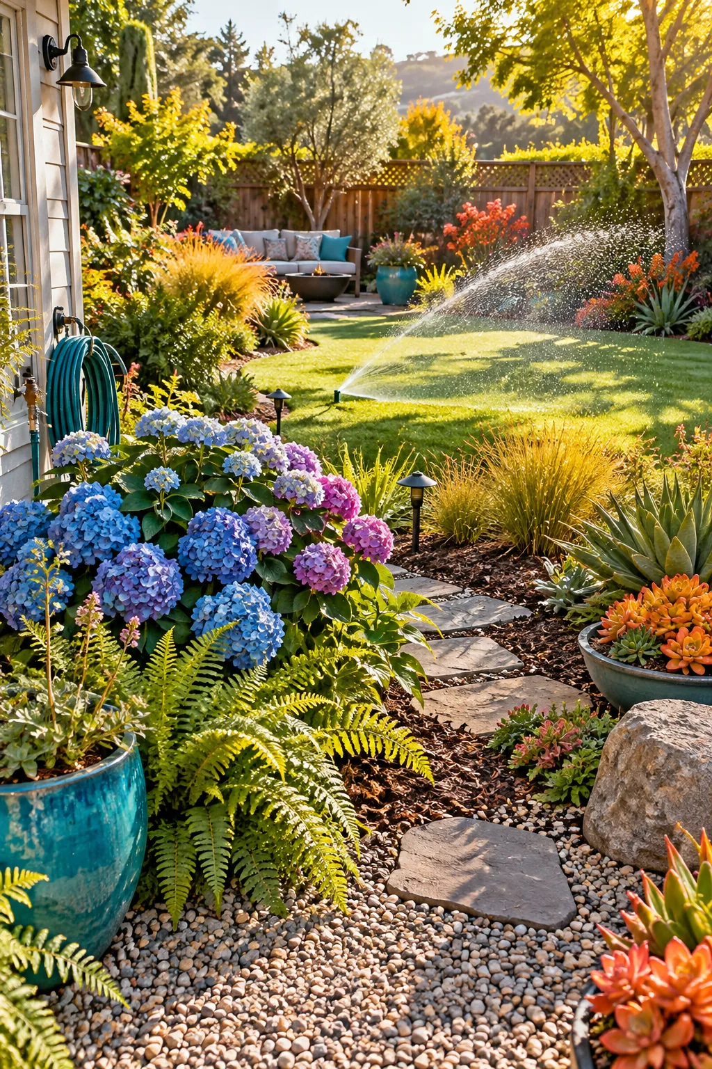 Garden layout showing thirsty plants near a hose and drought-tolerant plants further away
