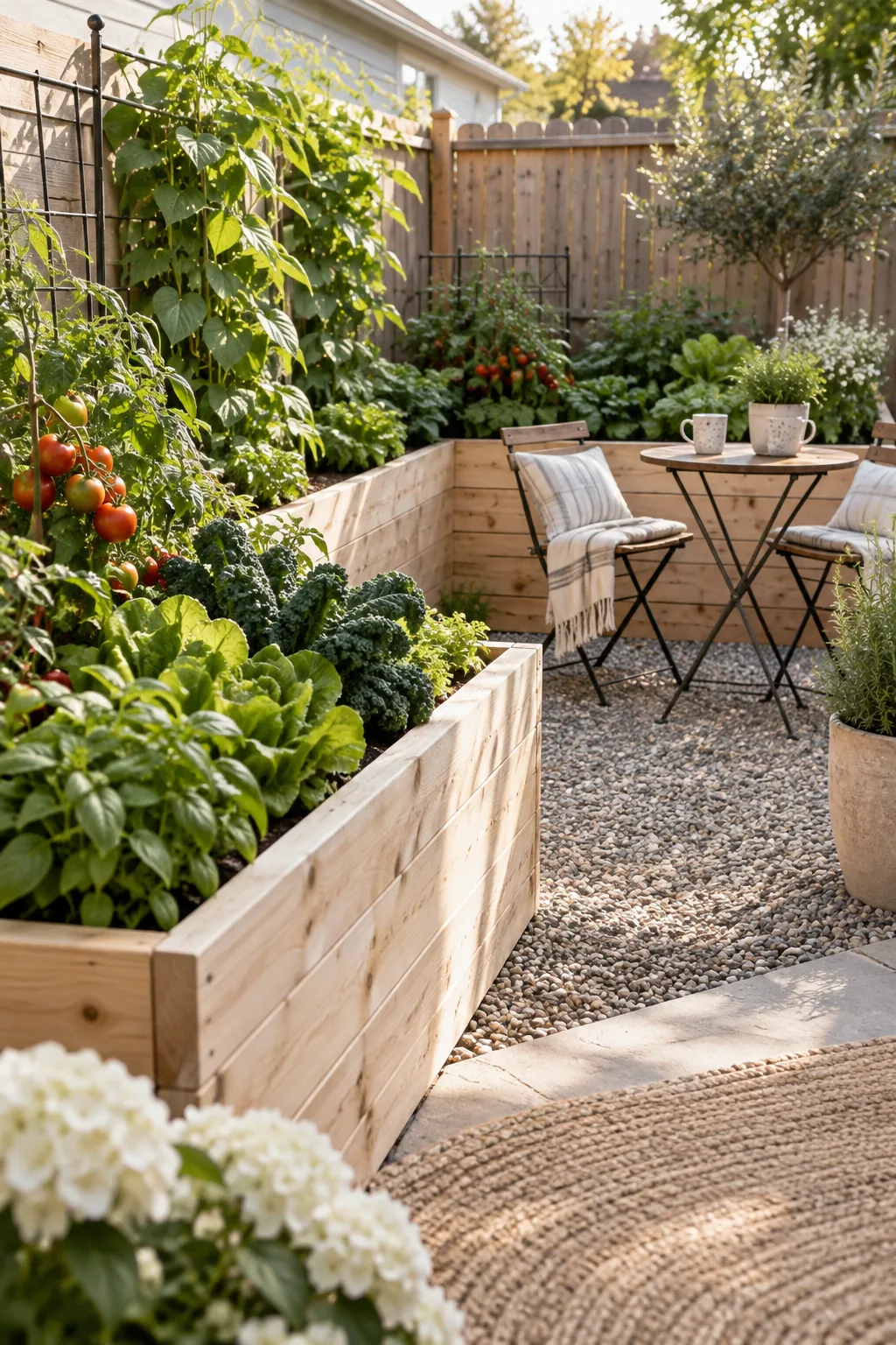 Three wooden raised beds arranged in an L-shape in the corner of a yard