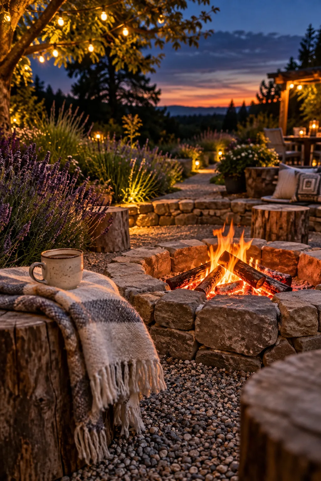 Circular stone fire pit surrounded by crushed granite and borders of lavender plants