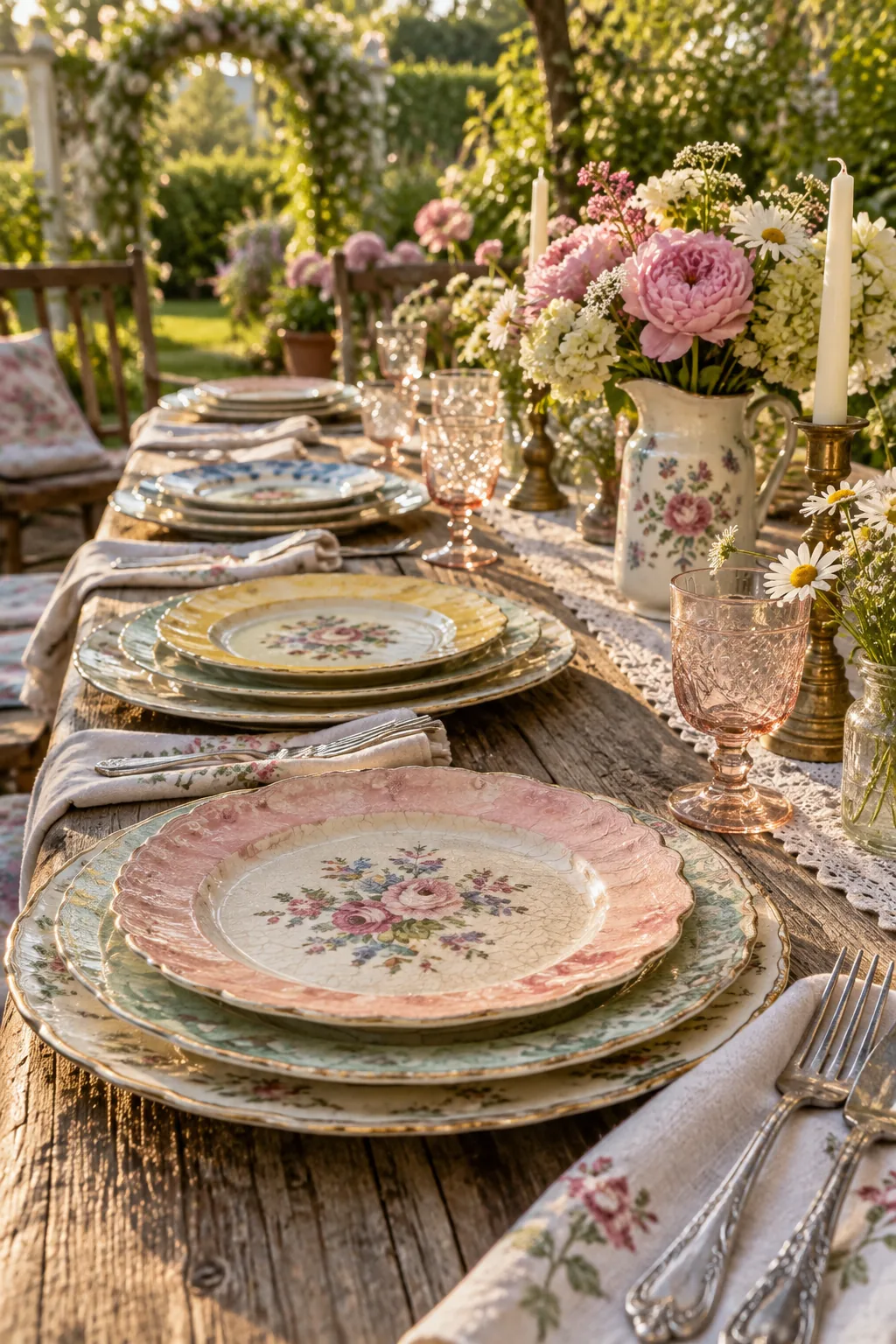 Stack of mismatched vintage floral plates on table
