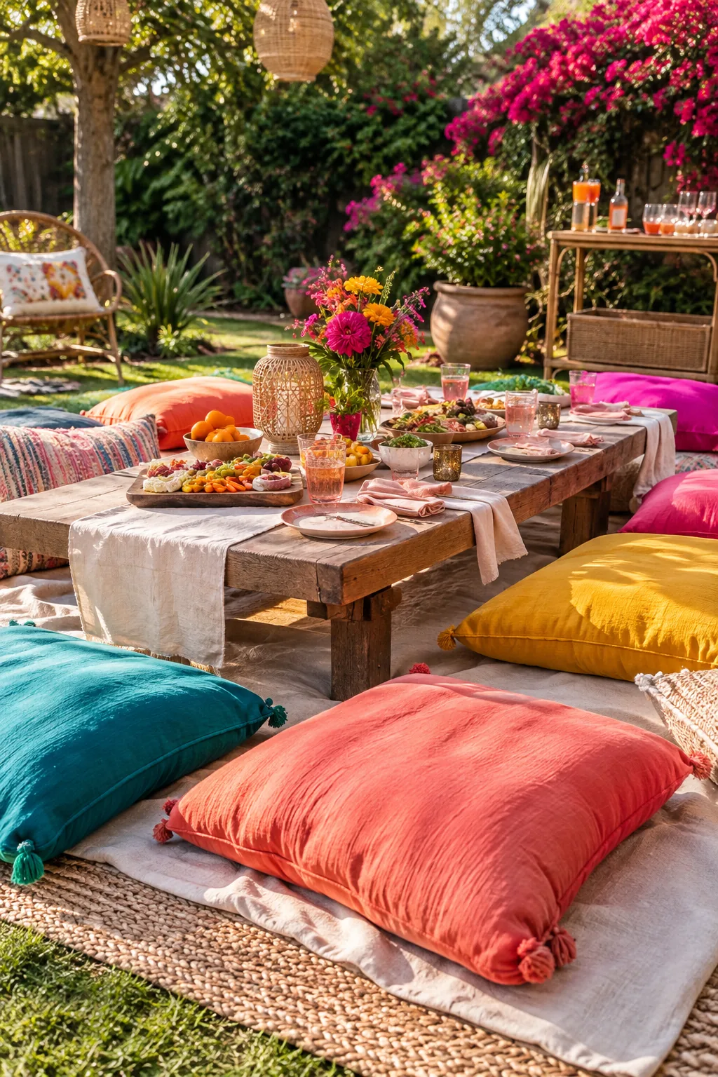 Low picnic table with floor cushions on jute rug
