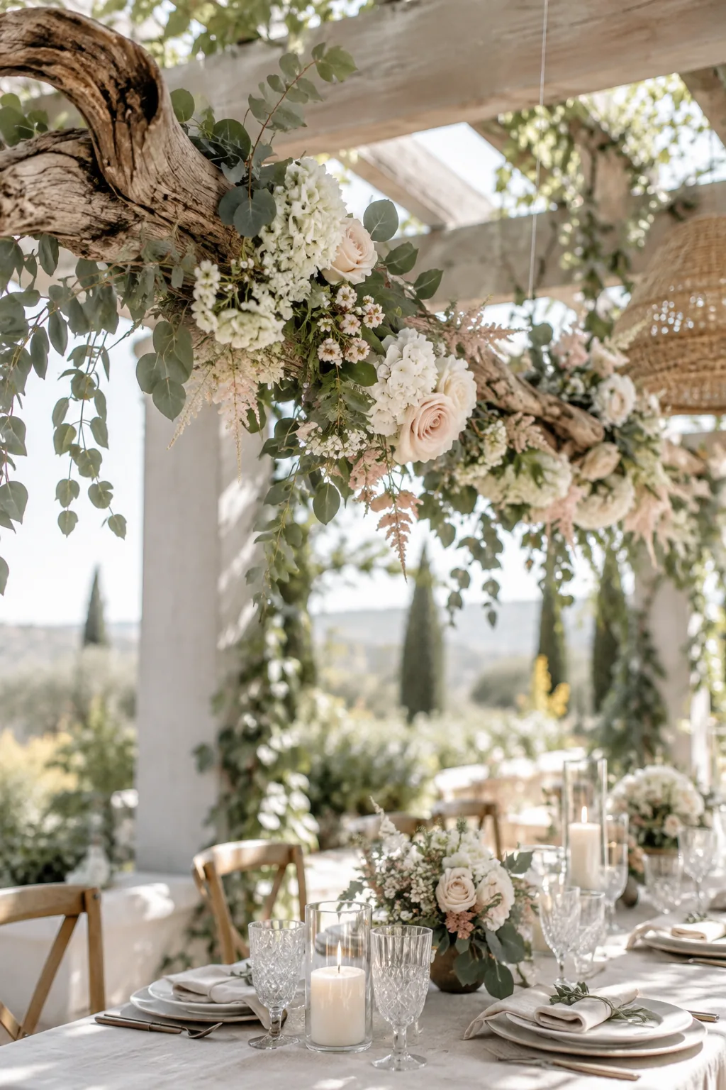 Floral branch hanging above an outdoor dining table