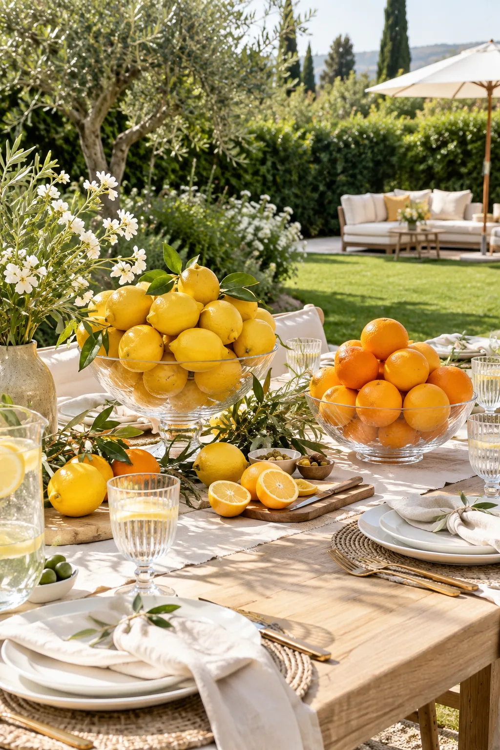 Glass bowls filled with lemons and oranges on a table