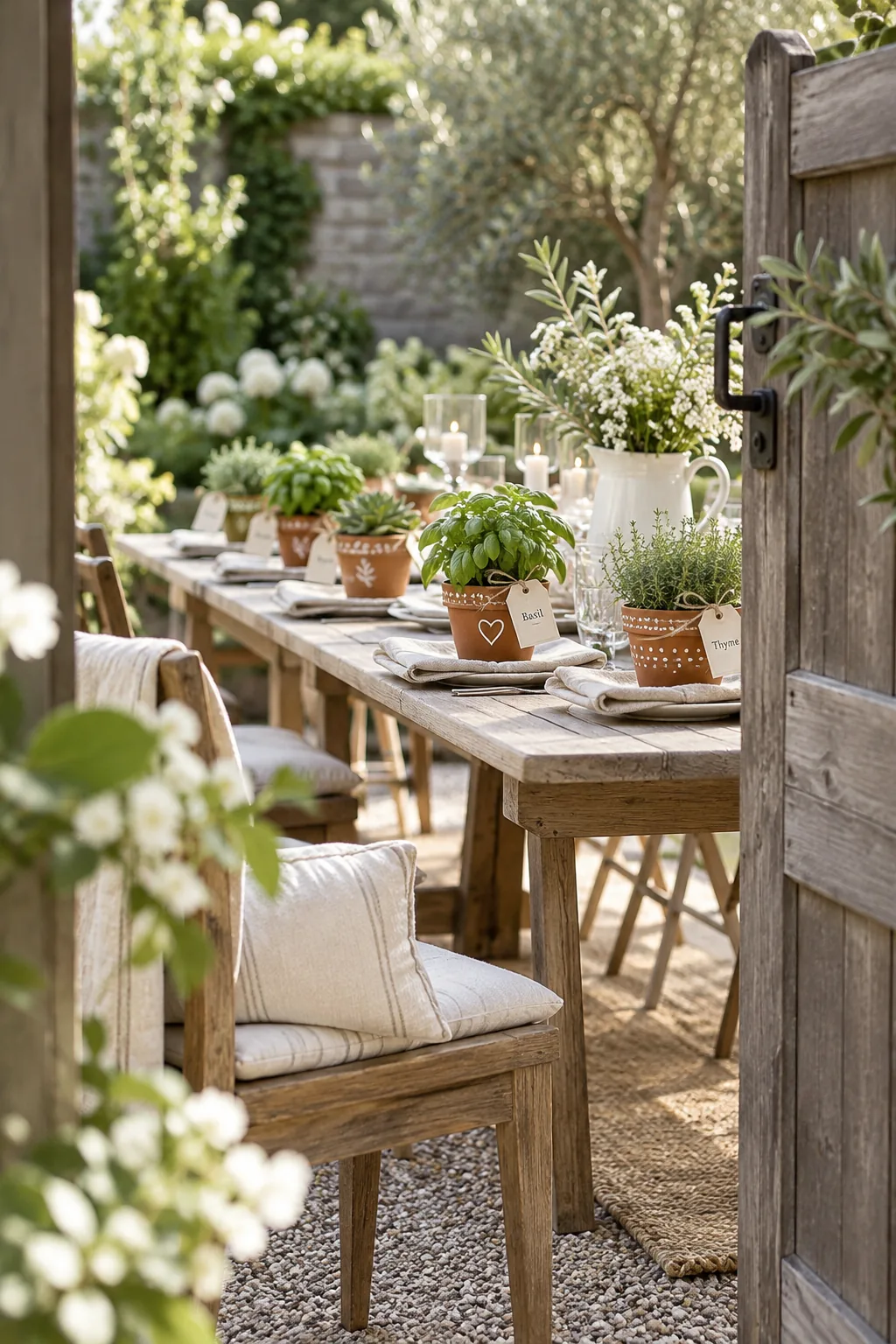 Small terracotta pot with herb on a linen napkin