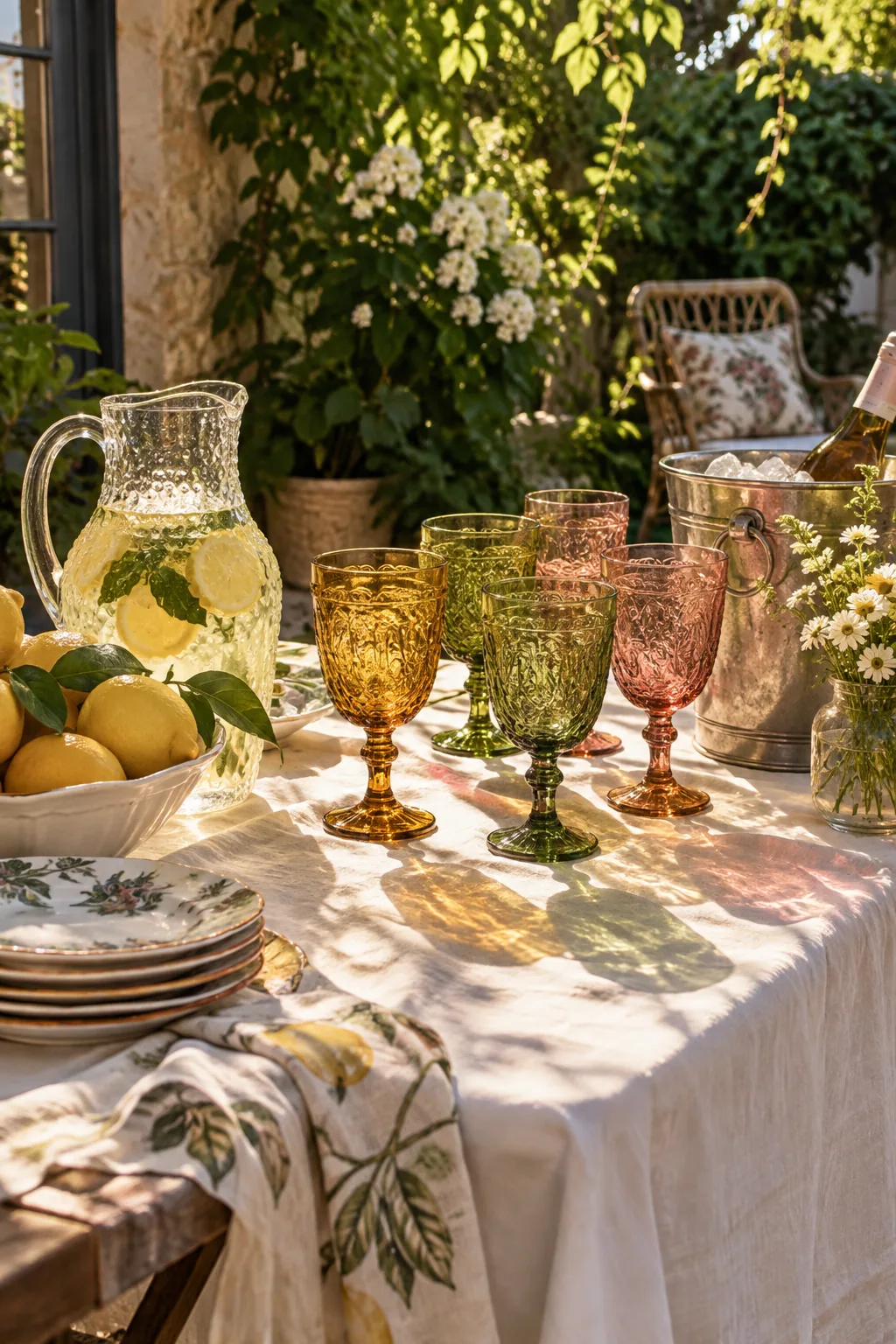 Collection of colored glass goblets on a drink station