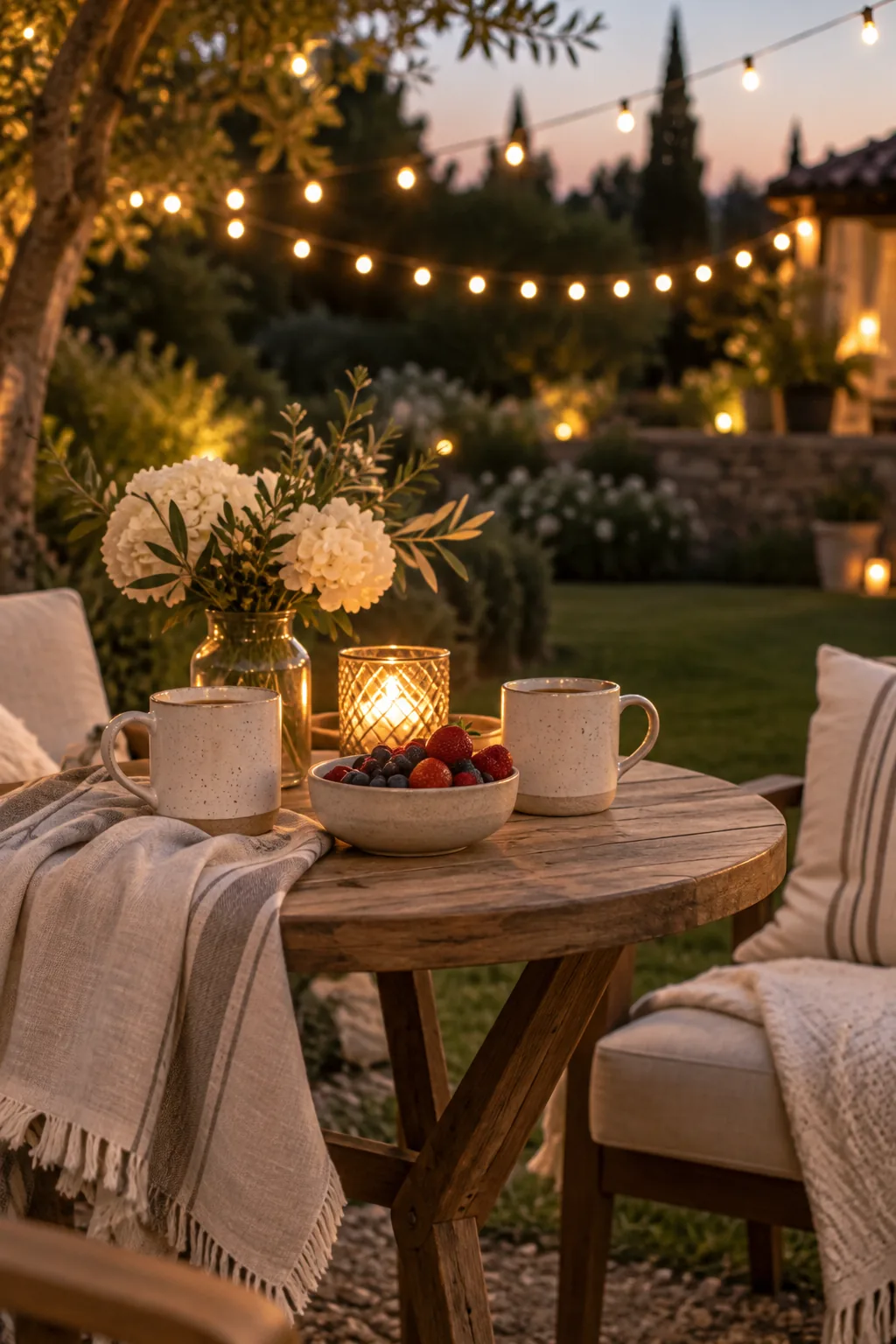 String lights hanging over a backyard seating area