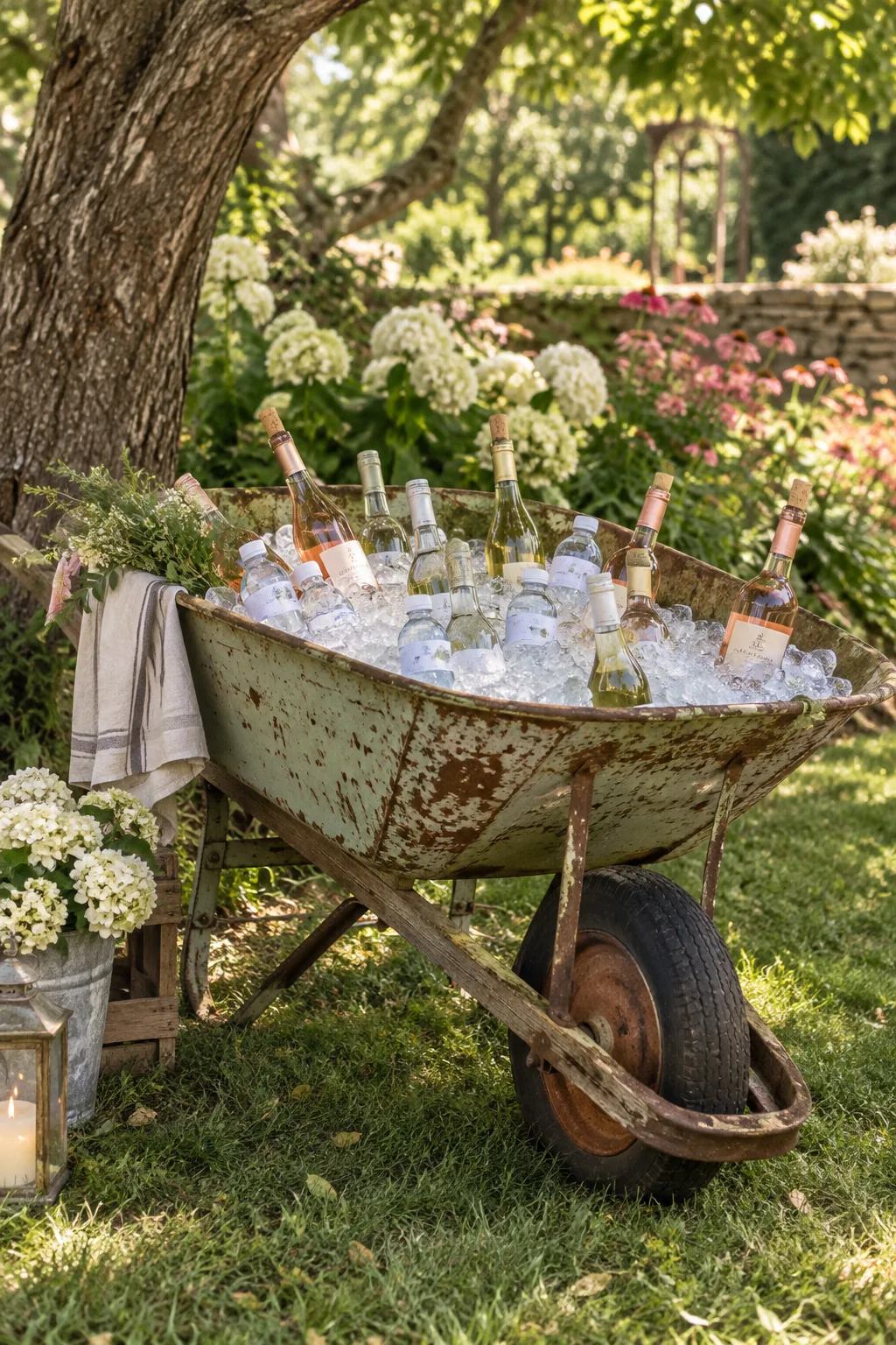 Vintage wheelbarrow filled with ice and drinks