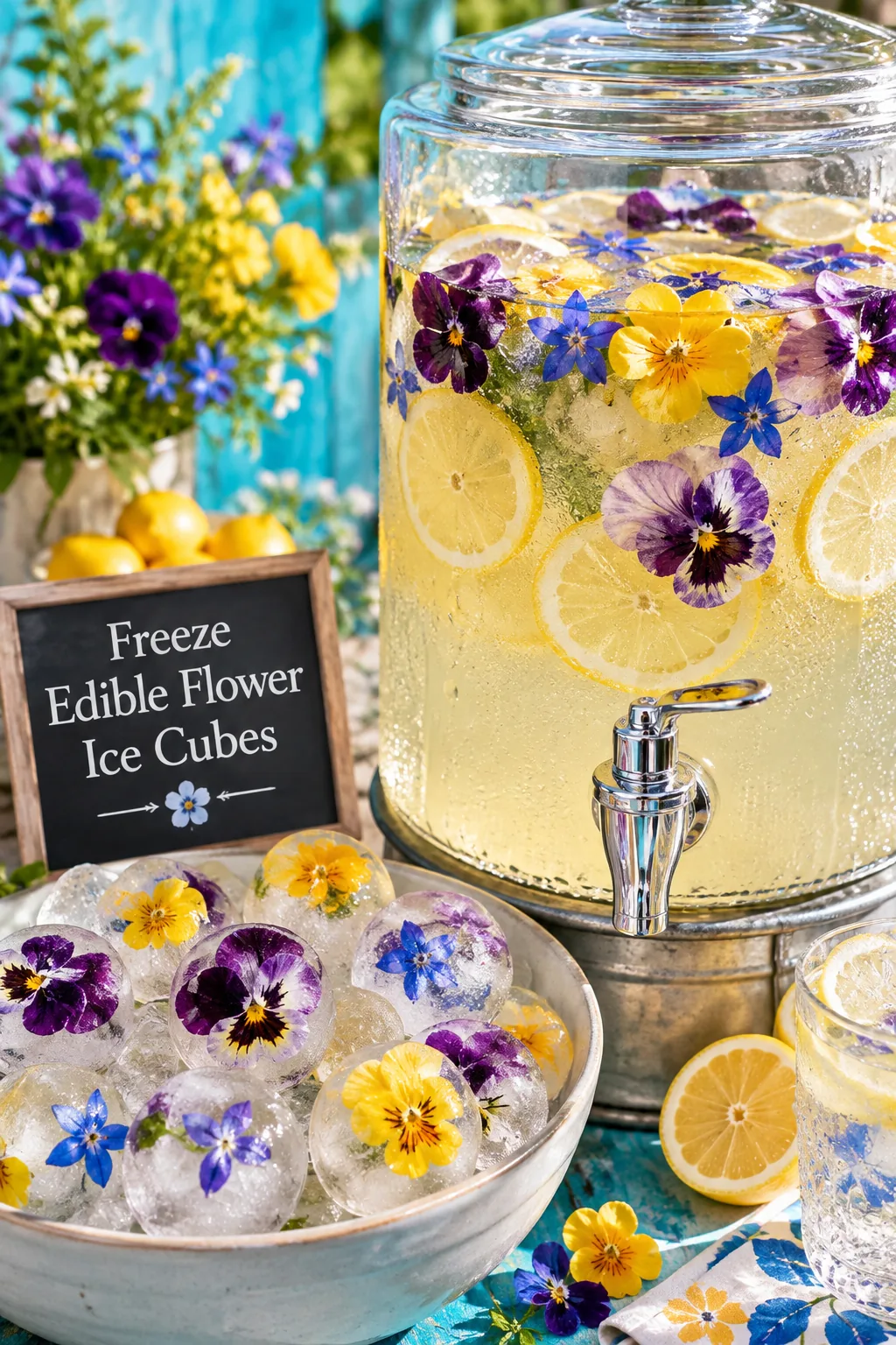 Ice cubes with edible flowers inside a glass
