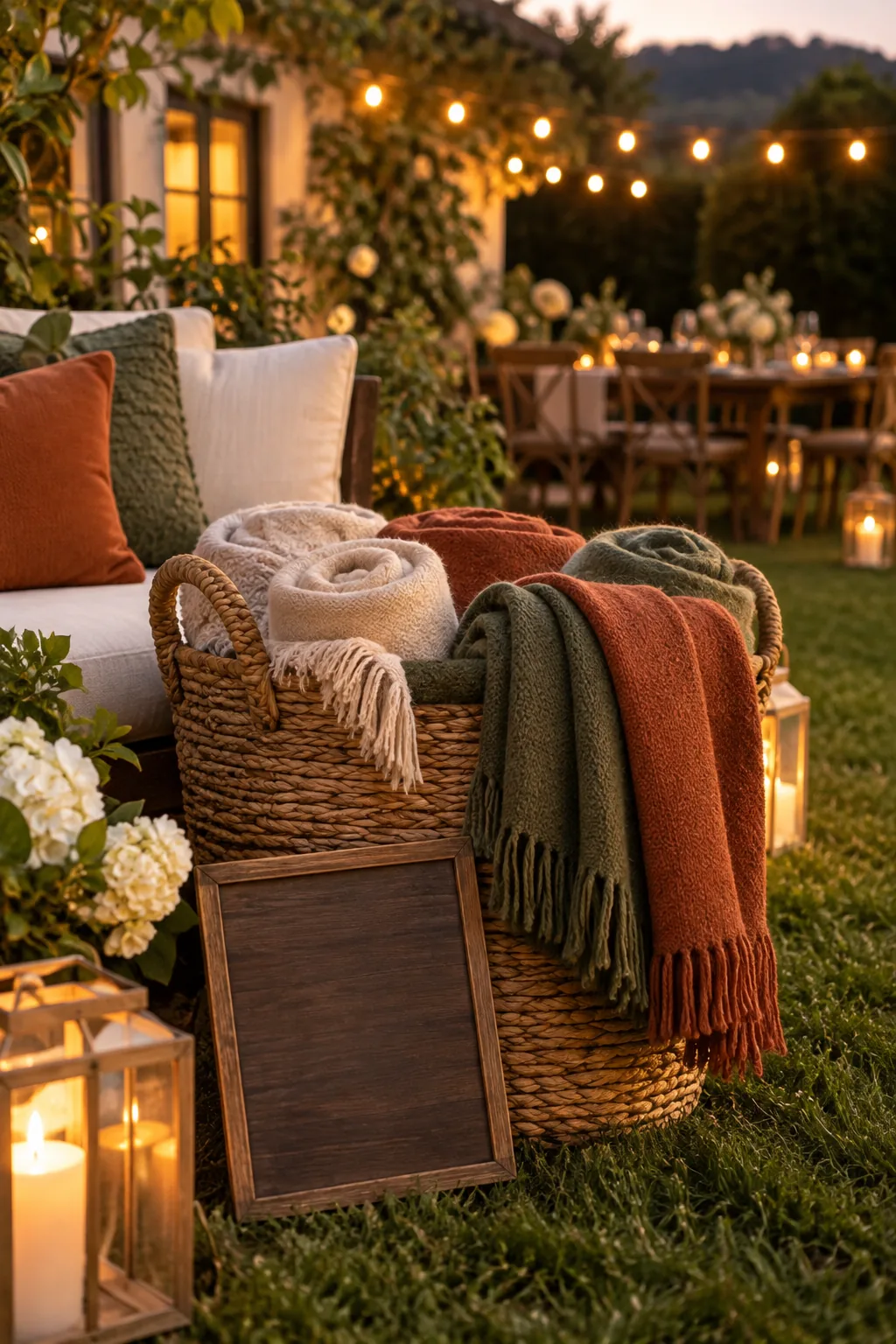 Woven basket filled with rolled fleece blankets