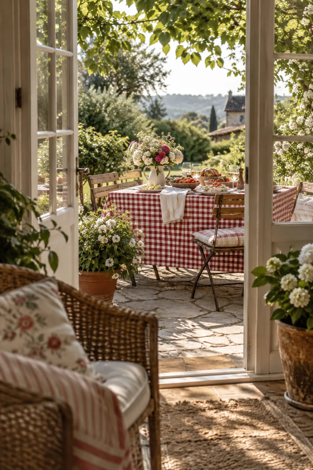Table set with a neutral gingham tablecloth