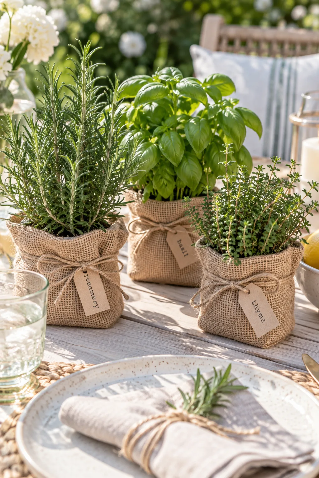 Potted rosemary and basil wrapped in burlap on a table