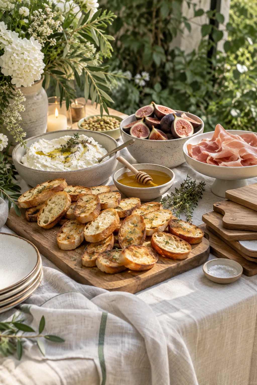 Wooden board with crostini, ricotta, figs, and honey