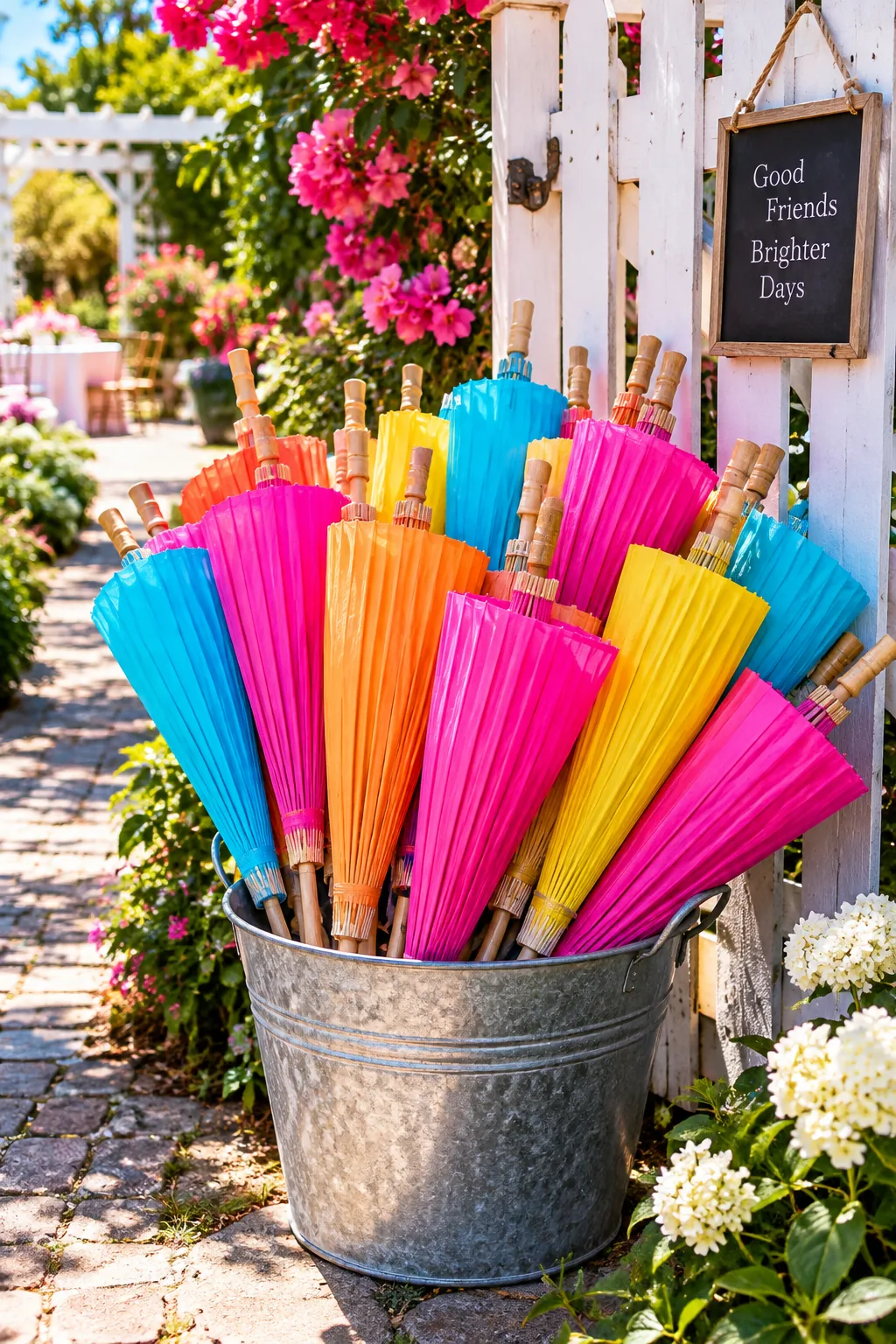 Bucket of paper parasols in a garden