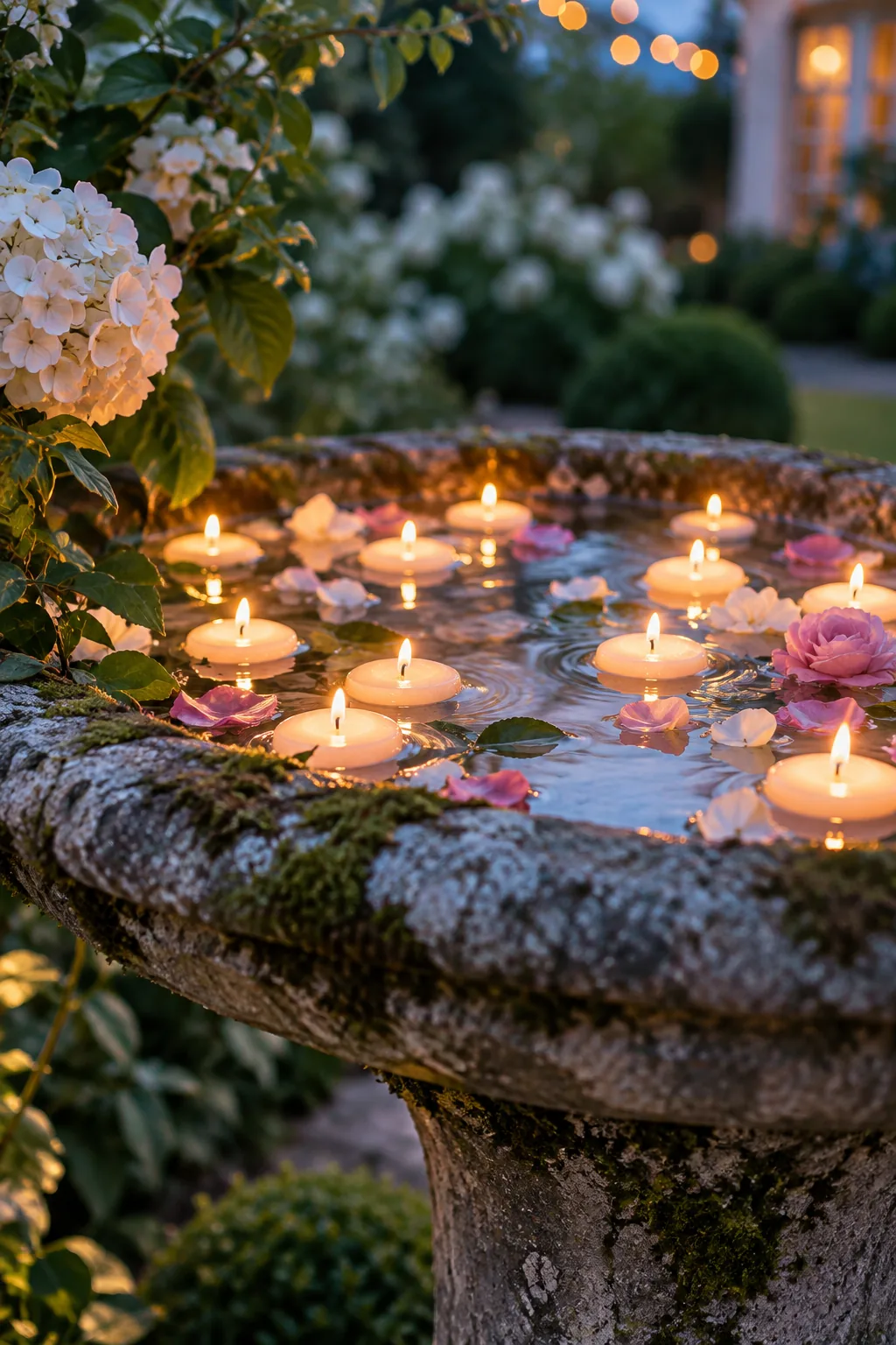 Stone birdbath filled with water and floating candles