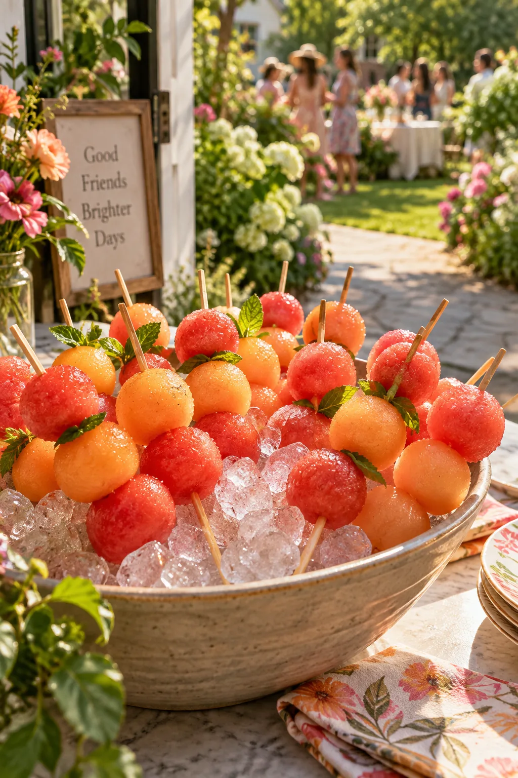 Watermelon and cantaloupe balls on wooden skewers on ice