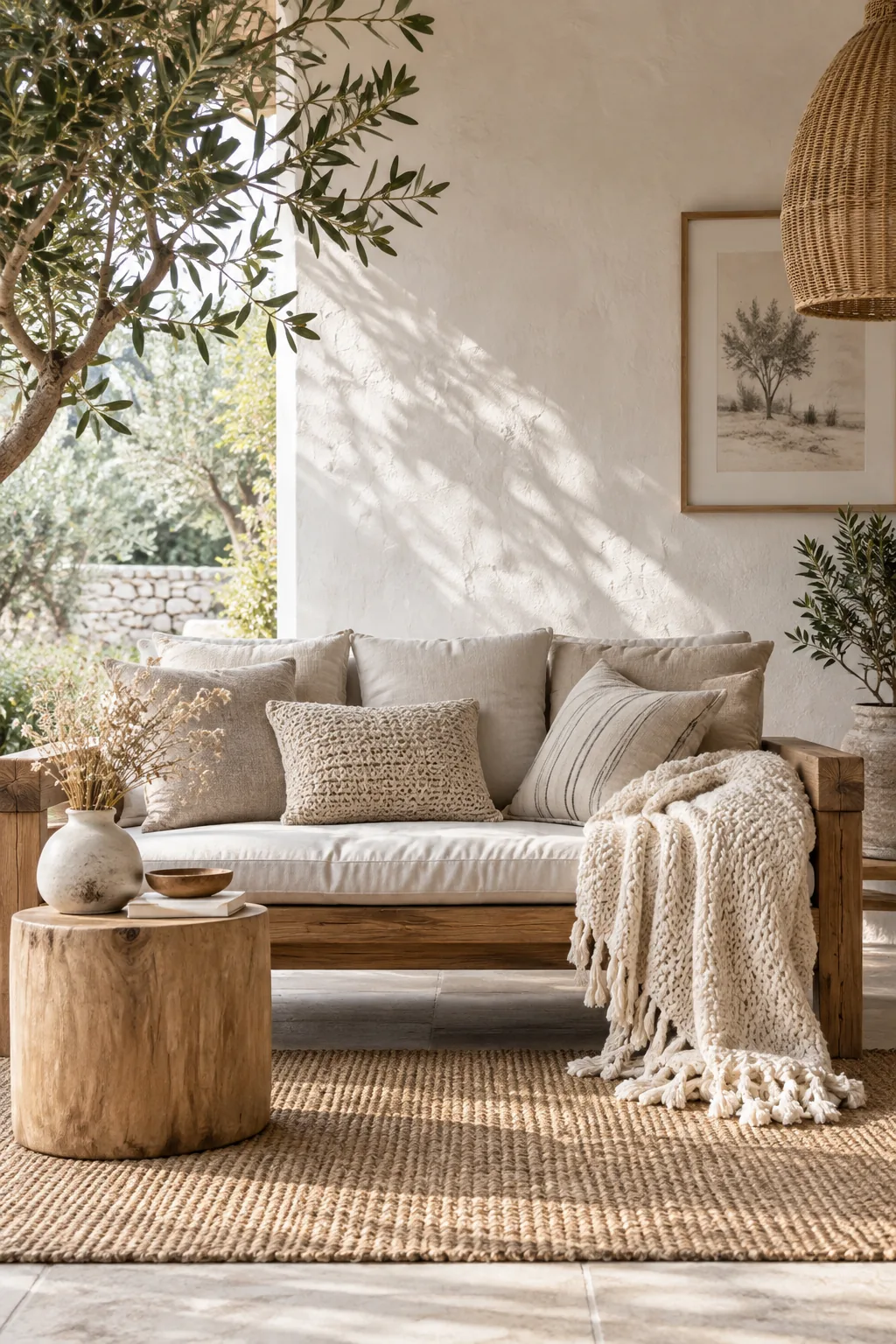 Acacia wood outdoor sofa with linen pillows in a sunroom.