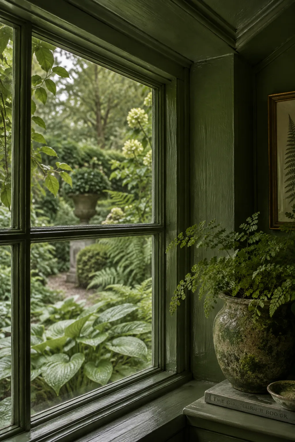 Garden room with dark olive green painted window trims.