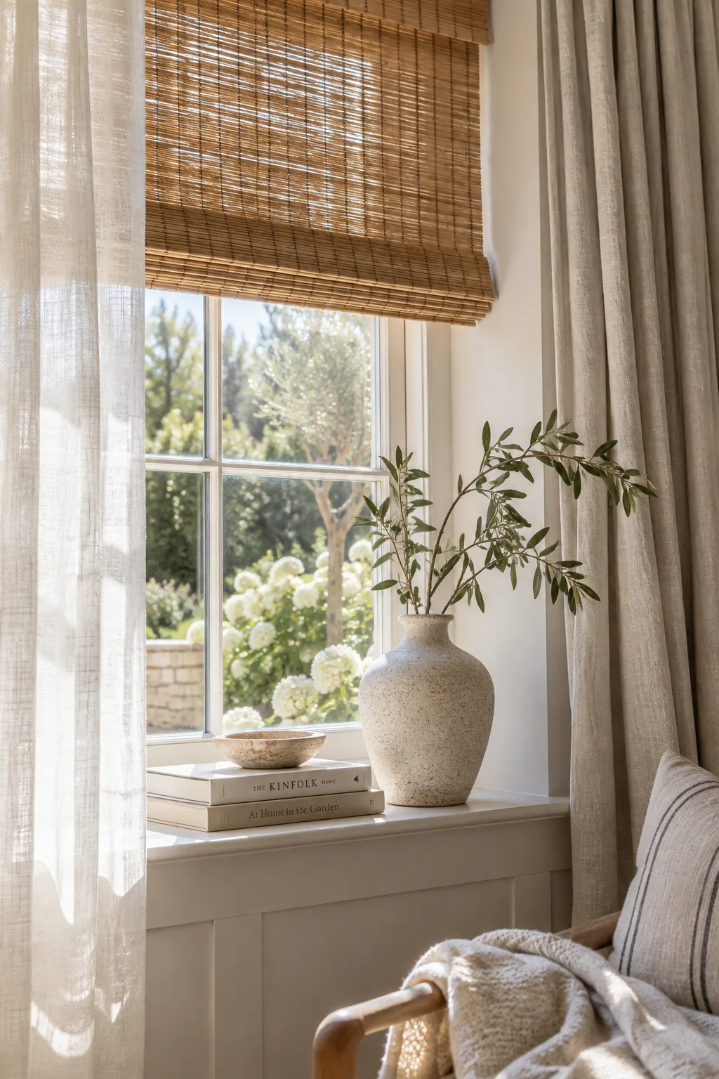 Garden room windows styled with bamboo roller blinds and canvas curtains.