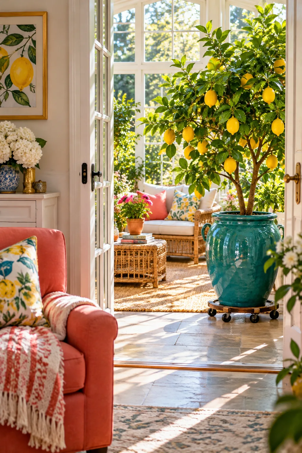 Potted Meyer lemon tree on a wheeled caddy in a sunroom corner.