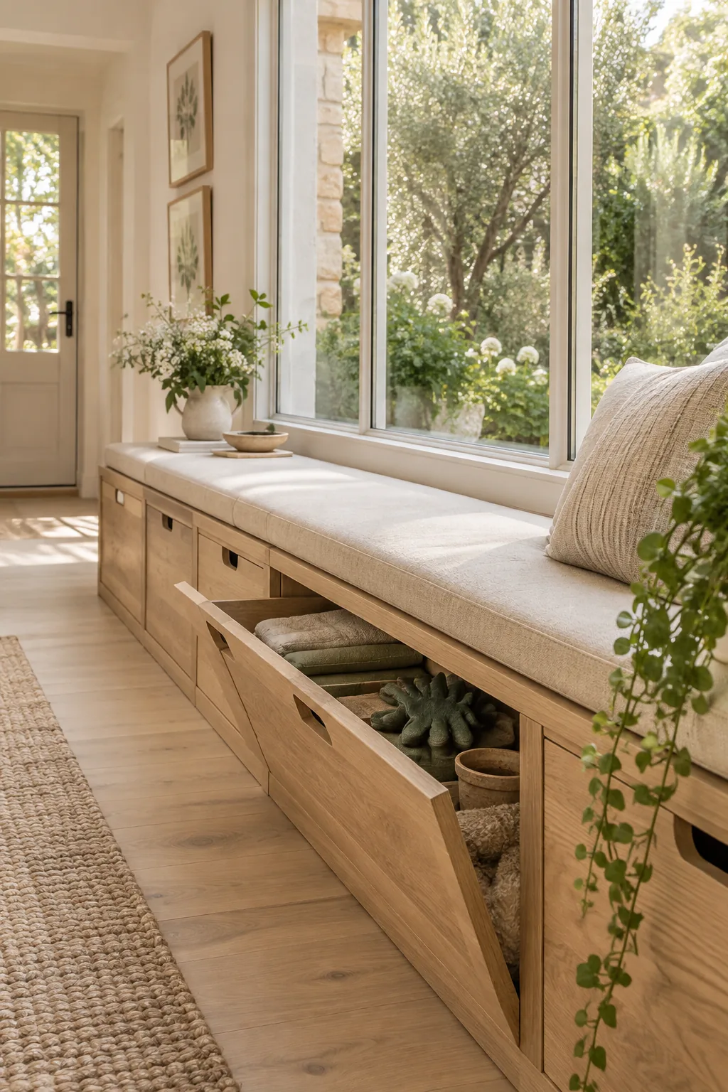 Built-in wooden window seat with an upholstered cushion in a garden room.