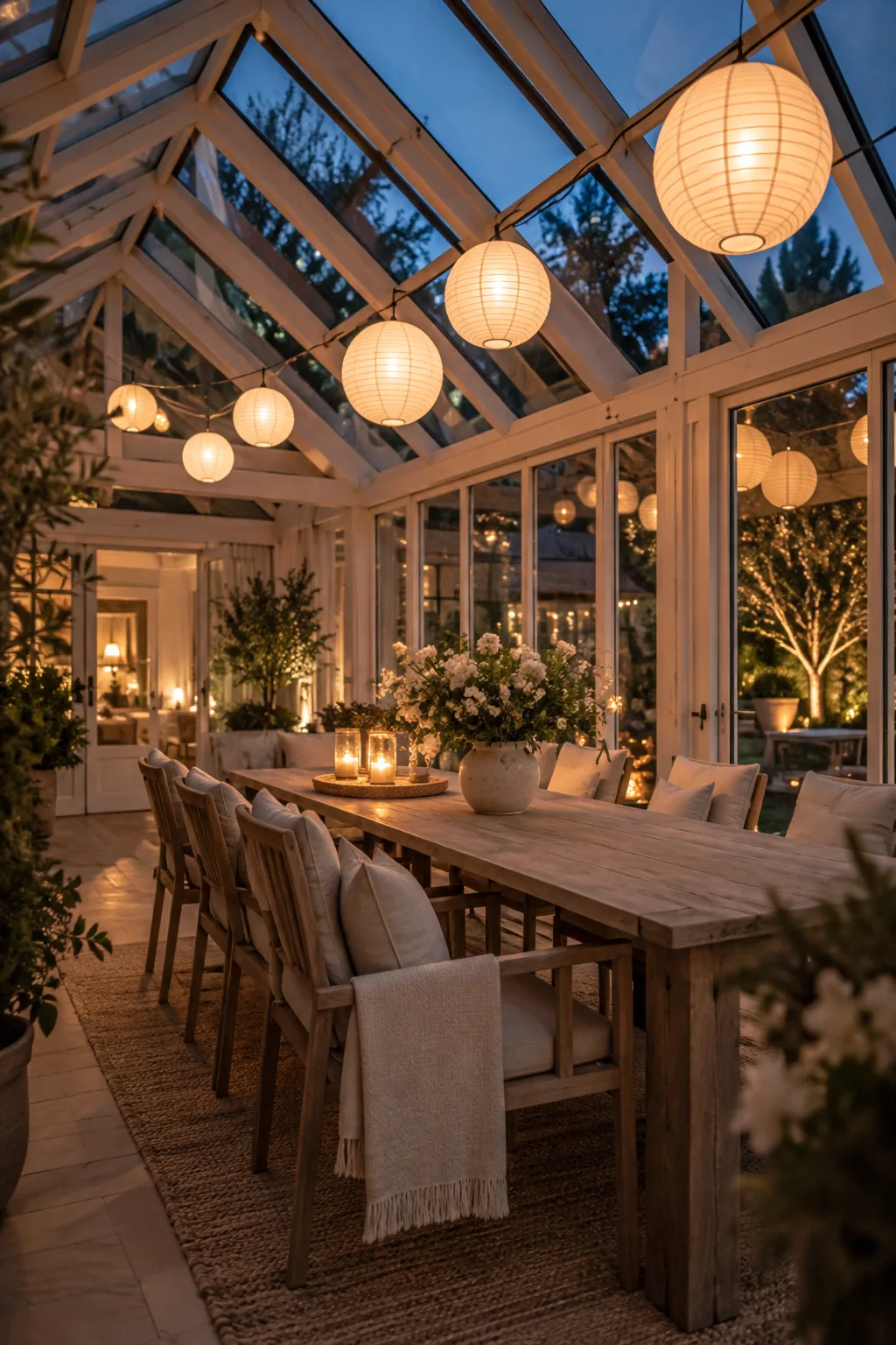 Plug-in paper lanterns hanging from the ceiling beams of a sunroom.
