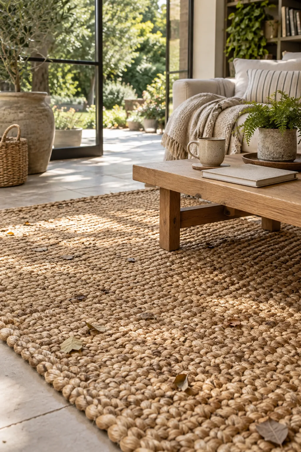 Large natural jute rug under a seating area in a garden room.