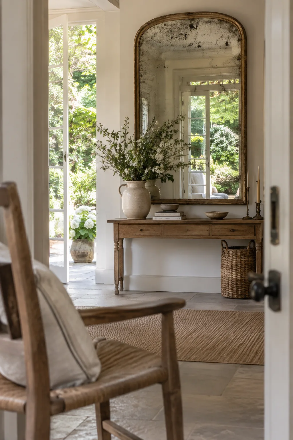 Antique mirror hanging above a narrow console table in a sunroom.