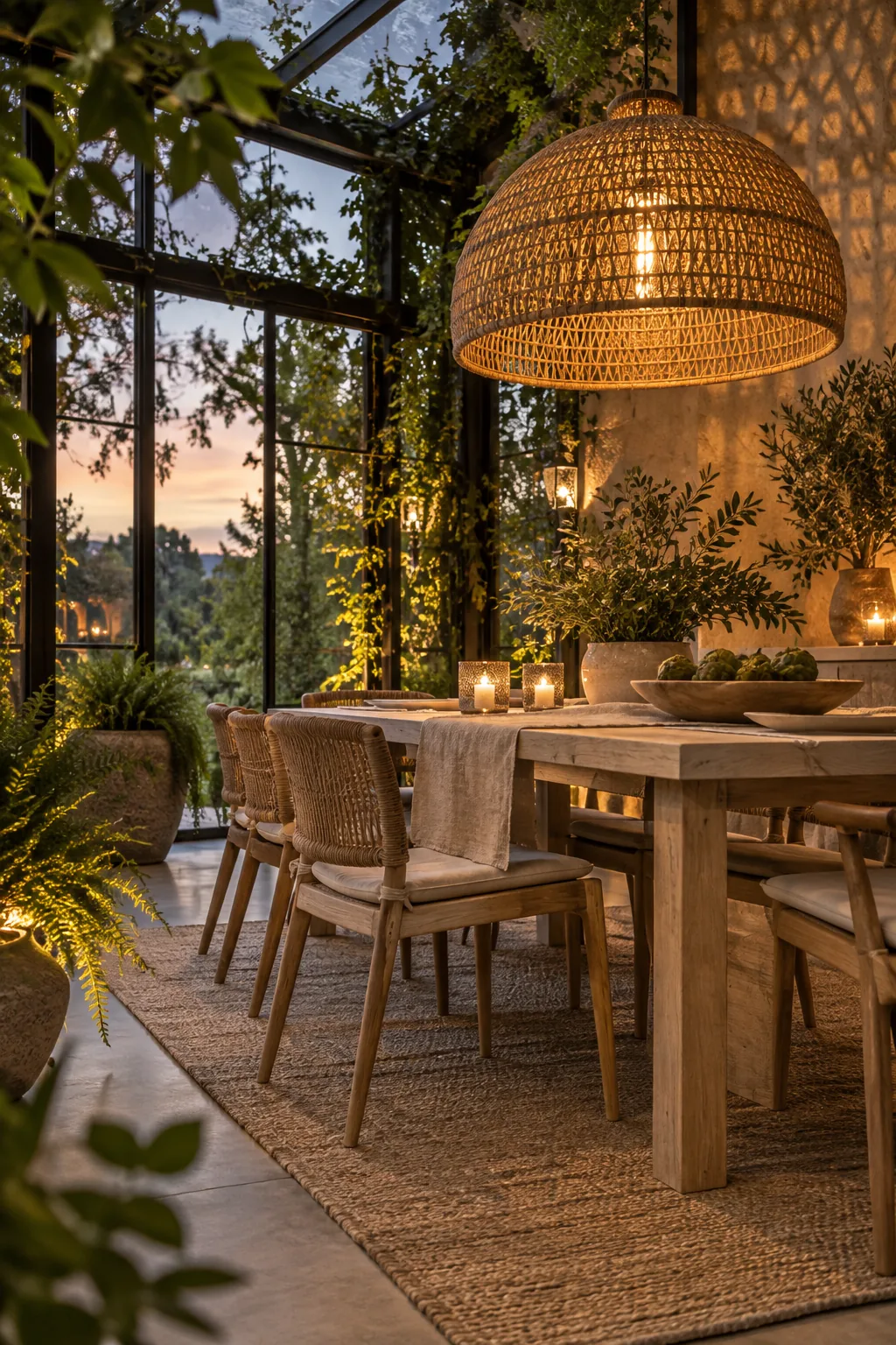 Oversized rattan pendant light hanging above a casual dining table in a garden room.