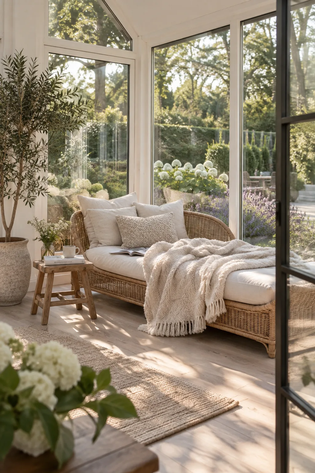 Rattan daybed tucked into a sunny corner of a garden room.